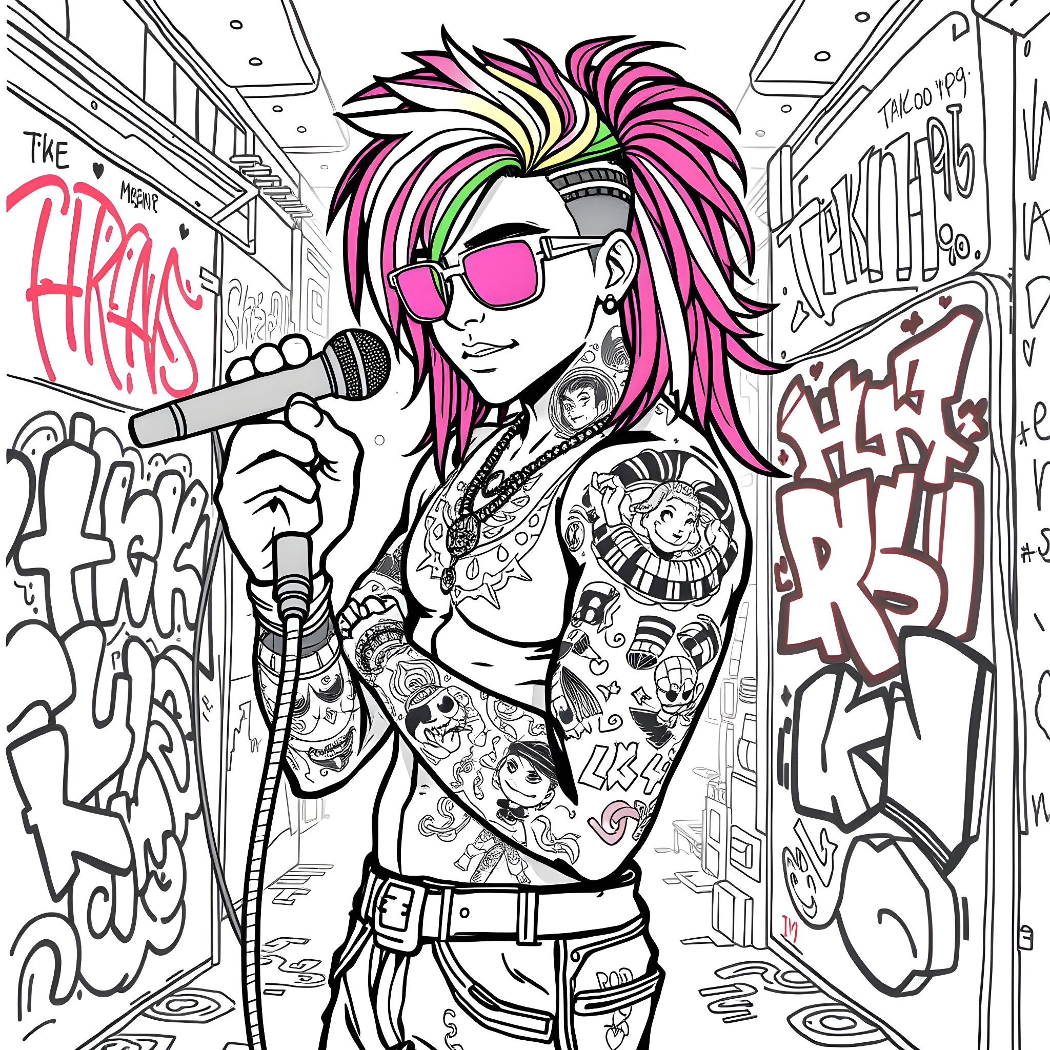 Takashi69 Performing on Stage Coloring Page (free black-and-white line drawing printable PDF for all, from beginners to advanced learners, including children, teens, adults, and seniors)