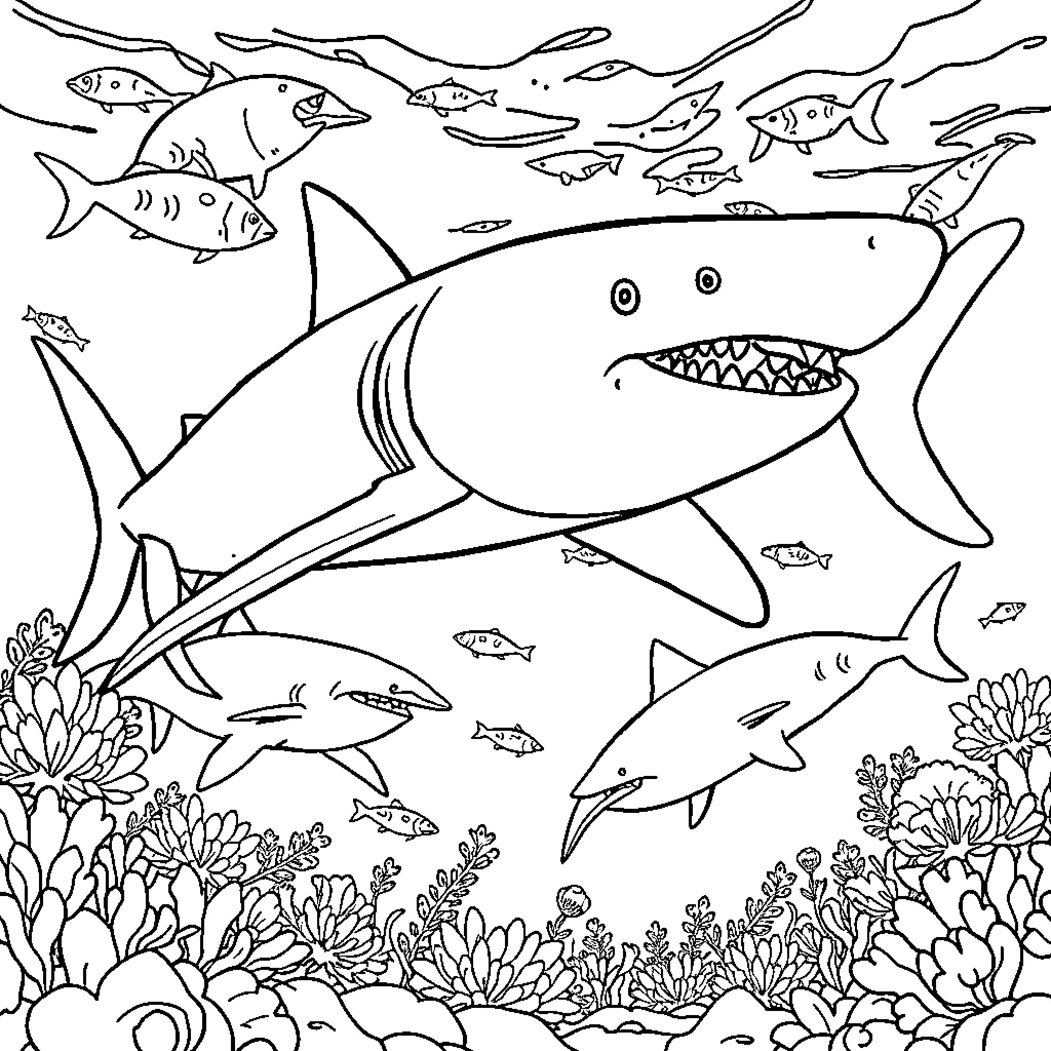 Fish Swimming in the Underwater Reef Coloring Page (free black-and-white line drawing printable PDF for all, from beginners to advanced learners, including children, teens, adults, and seniors)