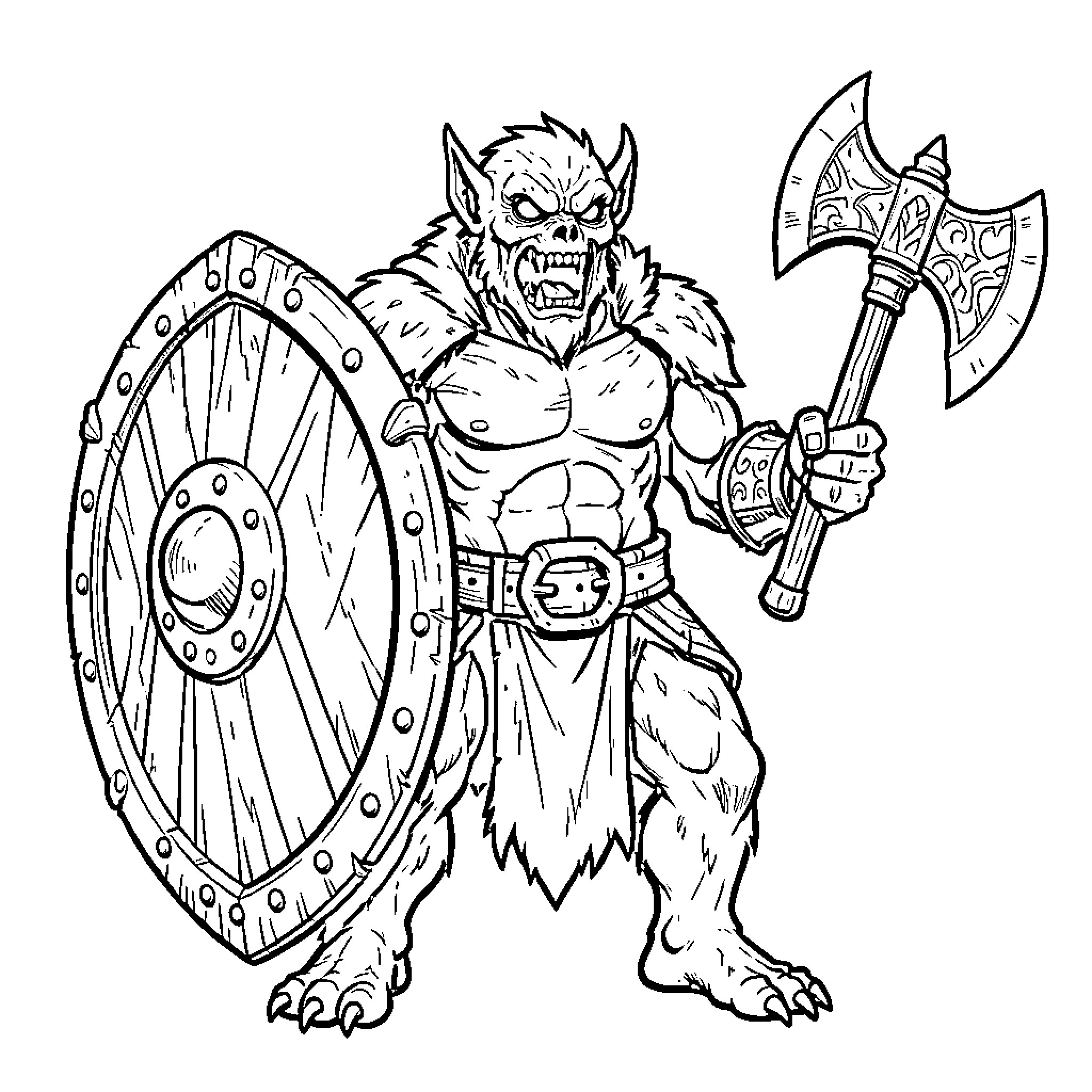 Monster warrior wielding an axe and a large shield Coloring Page (free black-and-white line drawing printable PDF for all, from beginners to advanced learners, including children, teens, adults, and seniors)