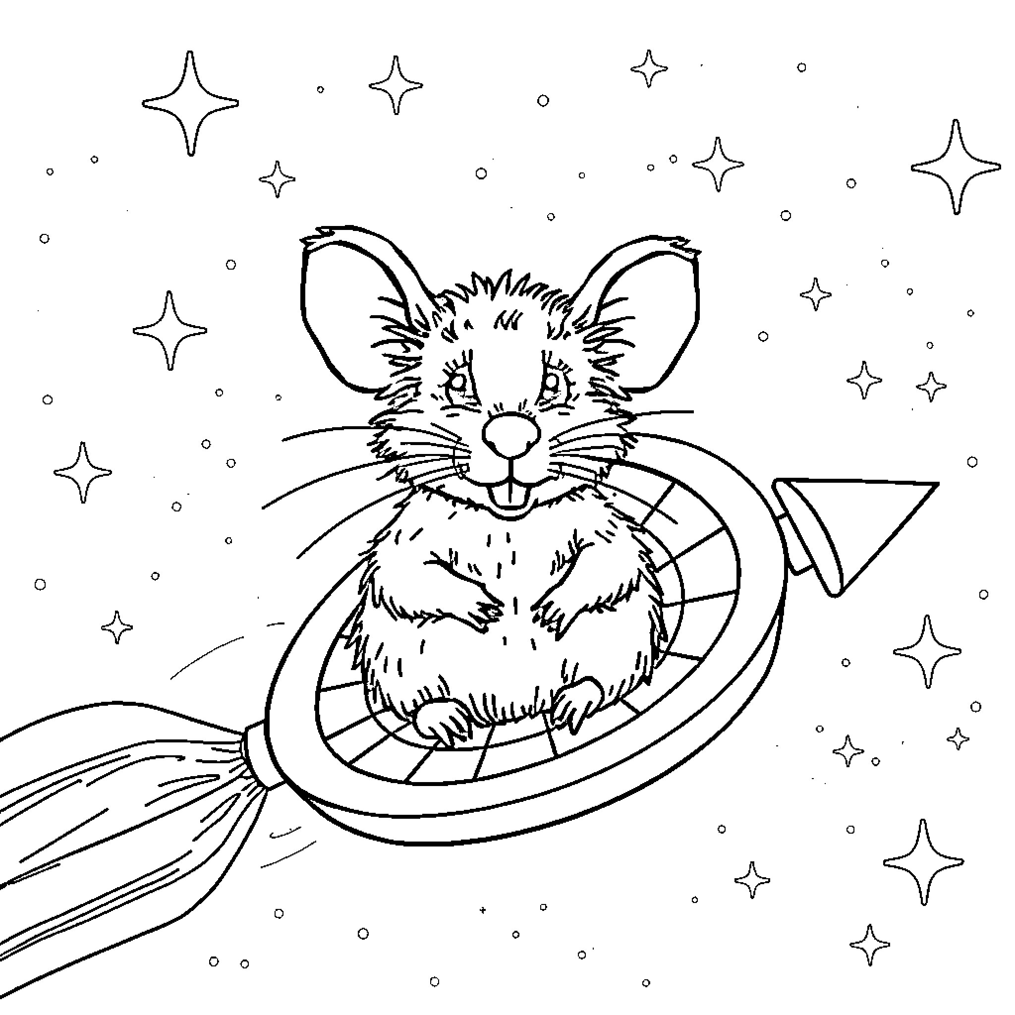 Rat flying in a rocket with stars Coloring Page (free black-and-white line drawing printable PDF for all, from beginners to advanced learners, including children, teens, adults, and seniors)