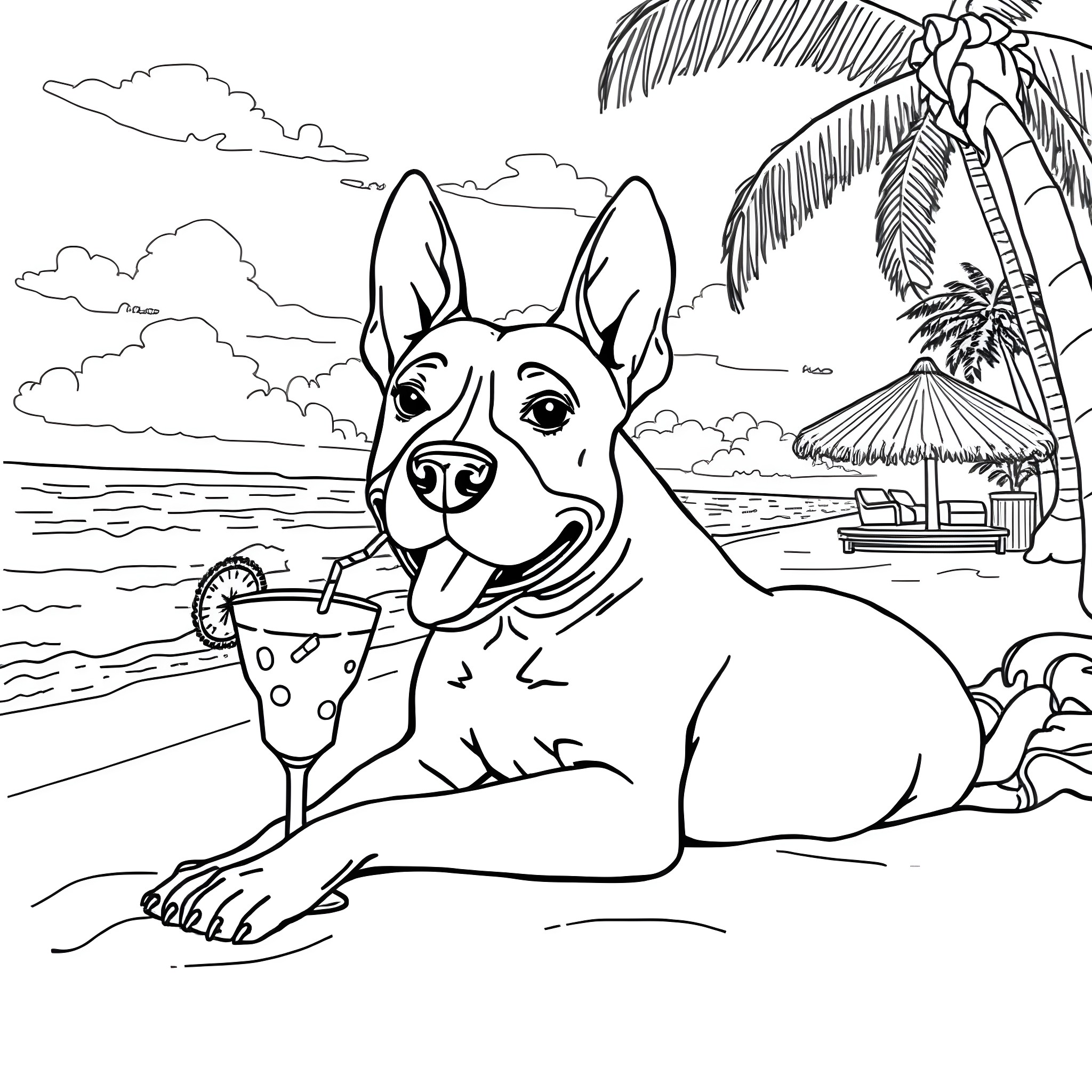 Bull Terrier relaxing on the beach with a refreshing drink Coloring Page (free black-and-white line drawing printable PDF for all, from beginners to advanced learners, including children, teens, adults, and seniors)