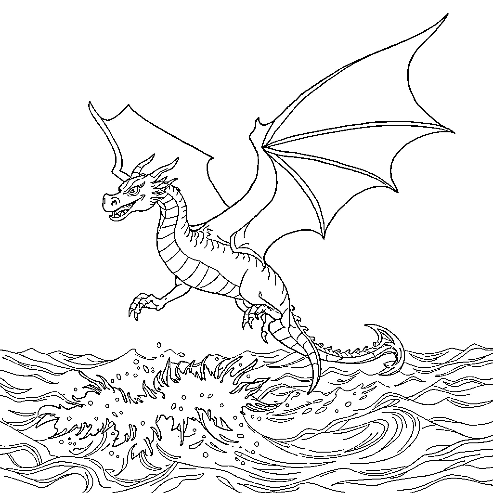 Dragon soaring above stormy seas Coloring Page (free black-and-white line drawing printable PDF for all, from beginners to advanced learners, including children, teens, adults, and seniors)