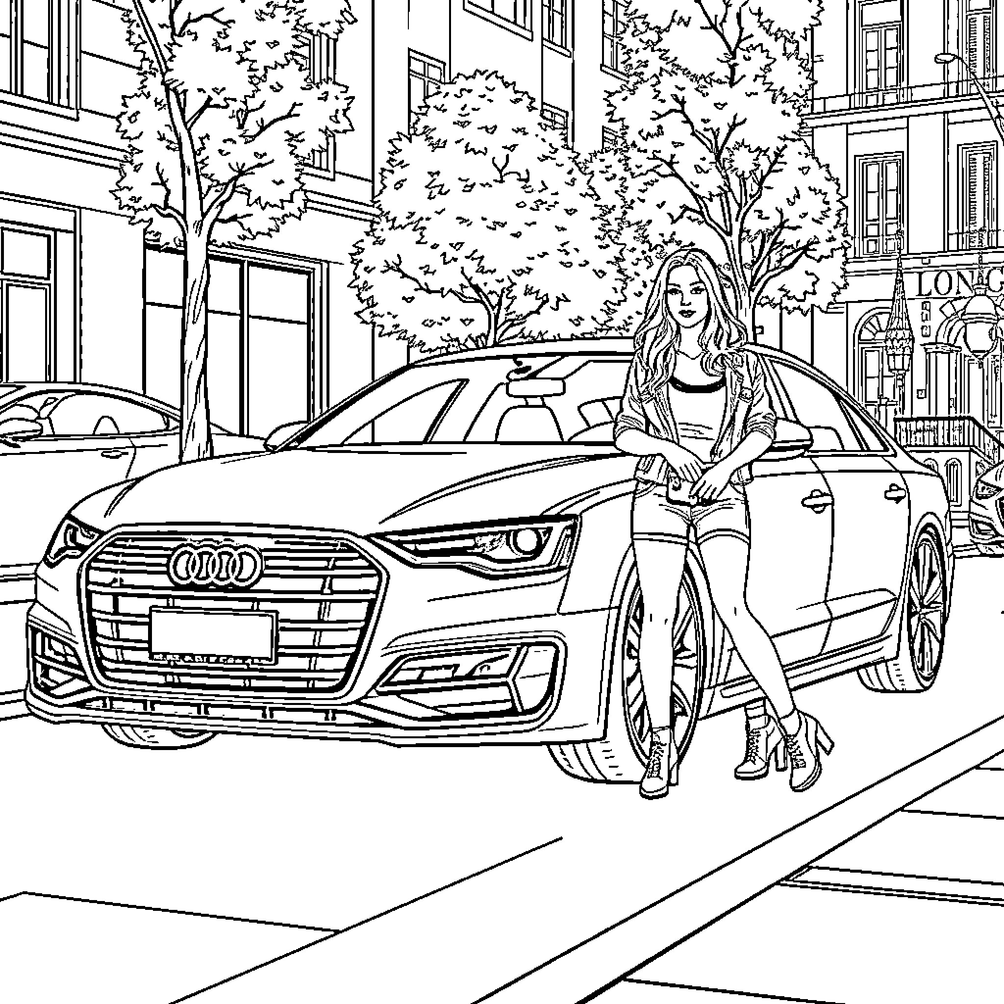 Audi S8 with a fashionable woman on the city street Coloring Page (free black-and-white line drawing printable PDF for all, from beginners to advanced learners, including children, teens, adults, and seniors)