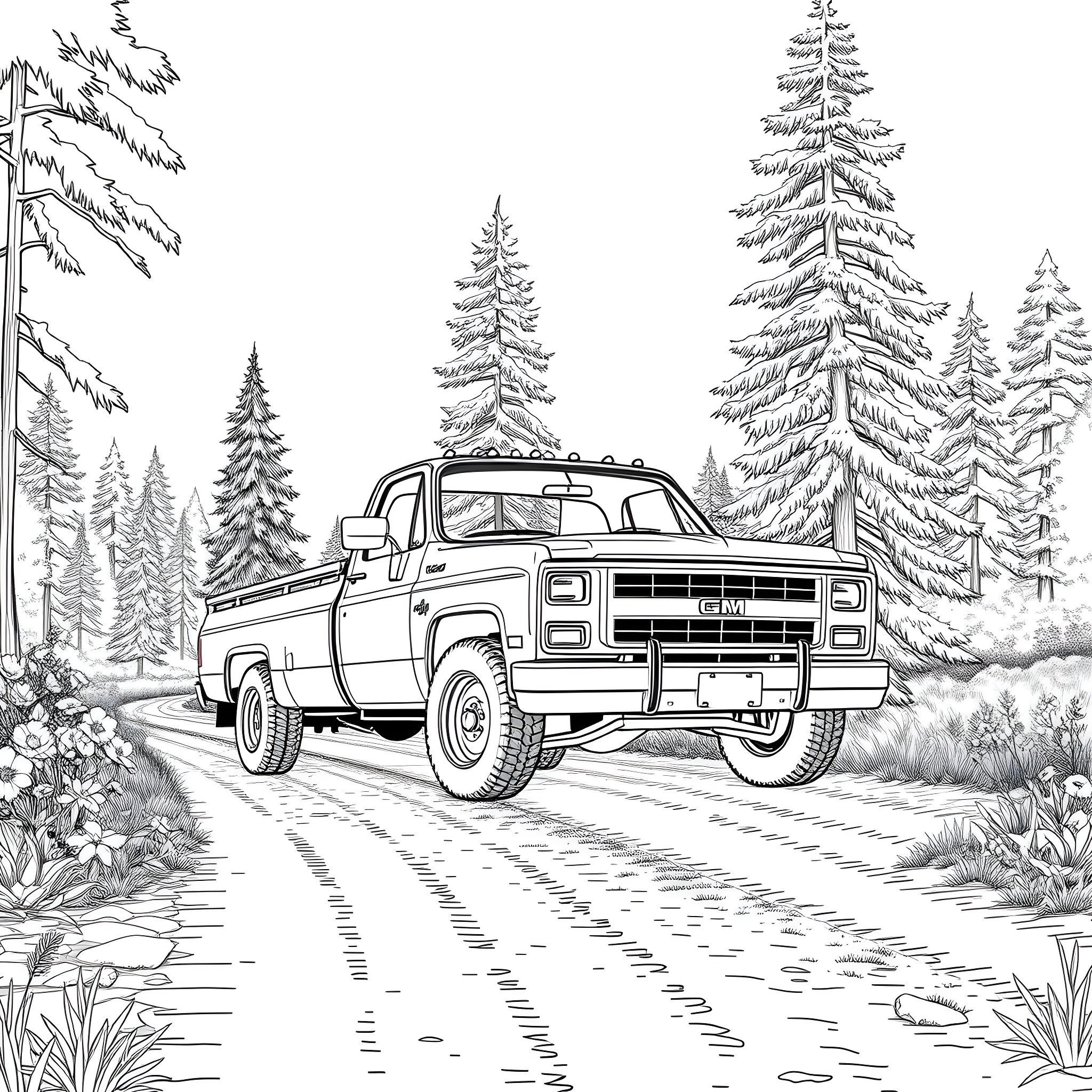 Truck driving through snowy forest landscape Coloring Page (free black-and-white line drawing printable PDF for all, from beginners to advanced learners, including children, teens, adults, and seniors)