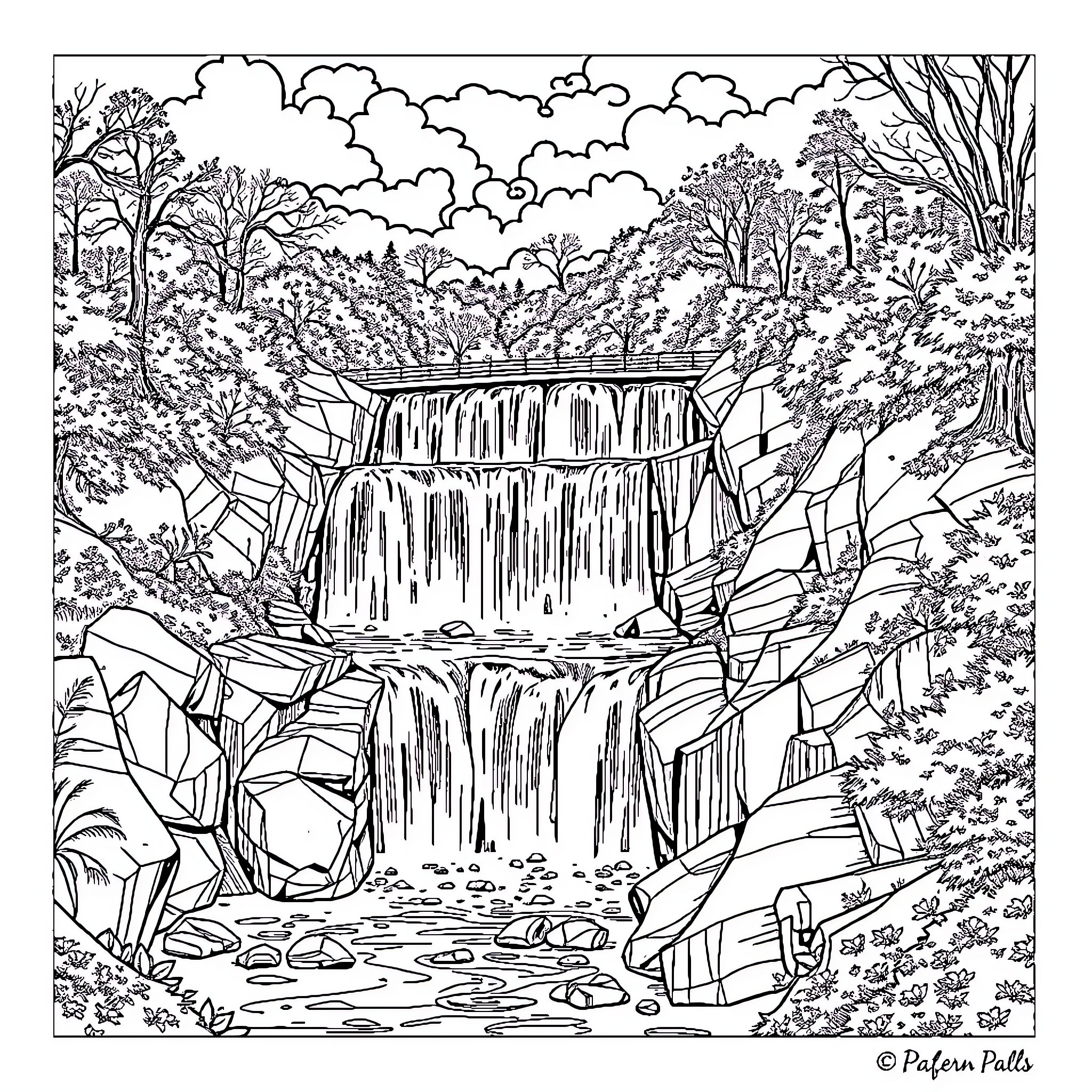 Great Falls in the Woodland Landscape Coloring Page (free black-and-white line drawing printable PDF for all, from beginners to advanced learners, including children, teens, adults, and seniors)