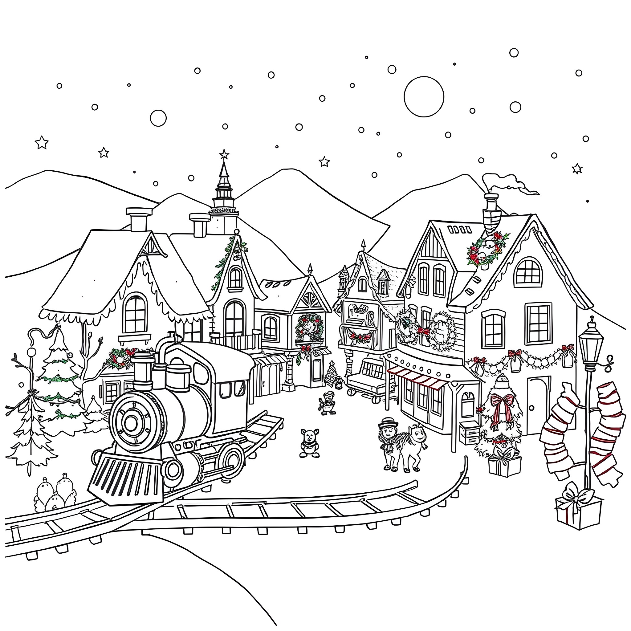 It's a Small World - Festive winter village with train, shops, and characters Coloring Page (free black-and-white line drawing printable PDF for all, from beginners to advanced learners, including children, teens, adults, and seniors)