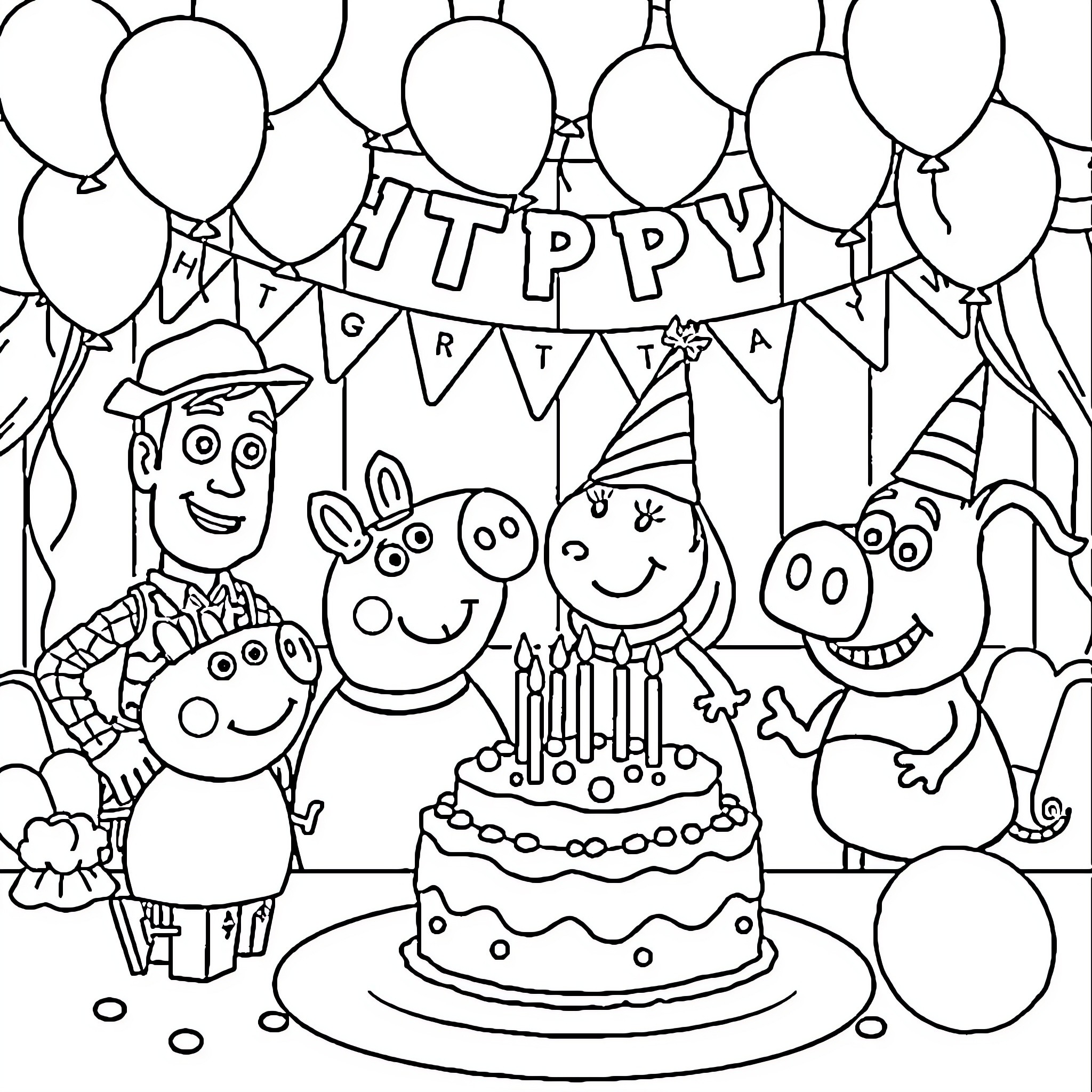 Toy characters celebrating a birthday party Coloring Page (free black-and-white line drawing printable PDF for all, from beginners to advanced learners, including children, teens, adults, and seniors)