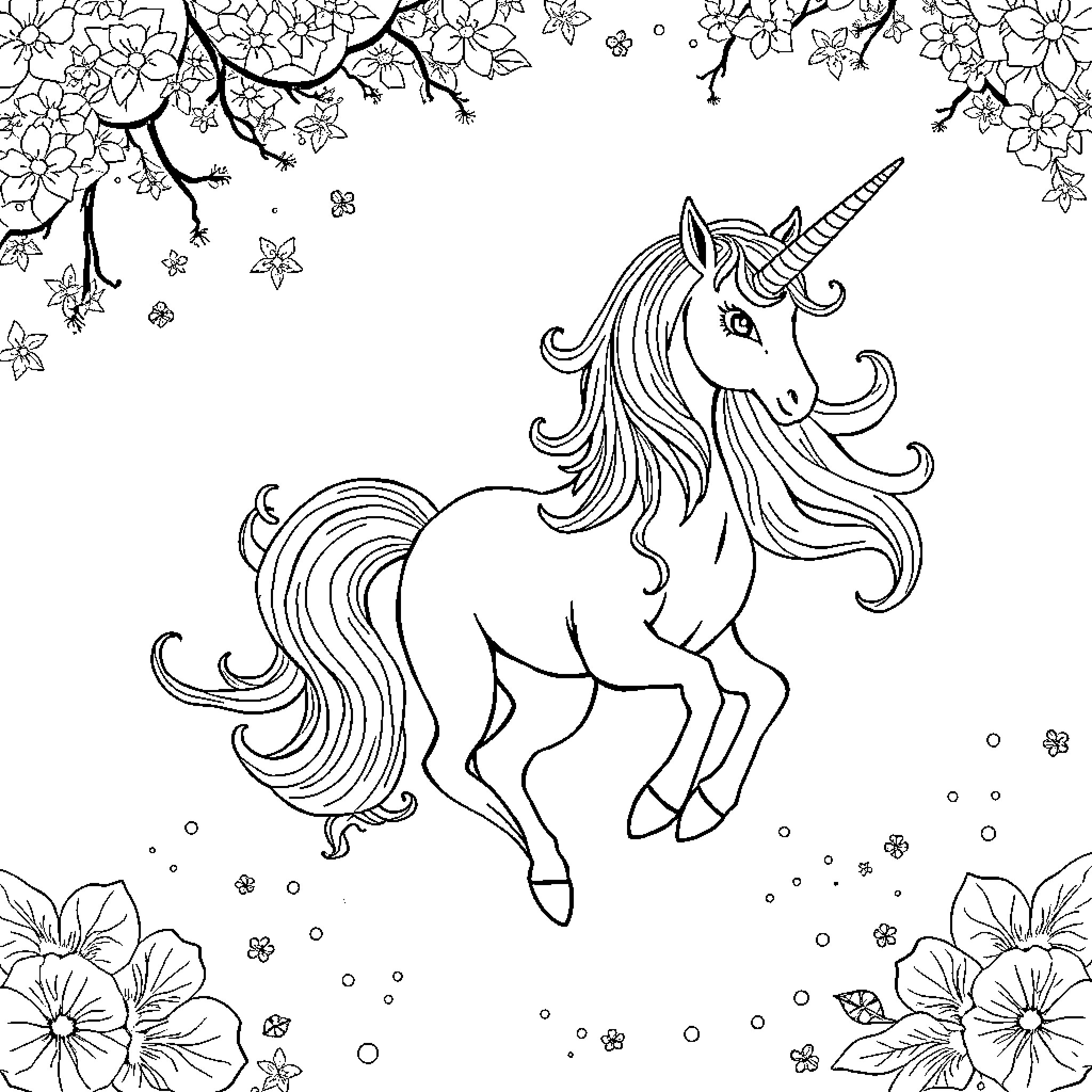 Unicorn prancing gracefully among floral blooms Coloring Page (free black-and-white line drawing printable PDF for all, from beginners to advanced learners, including children, teens, adults, and seniors)