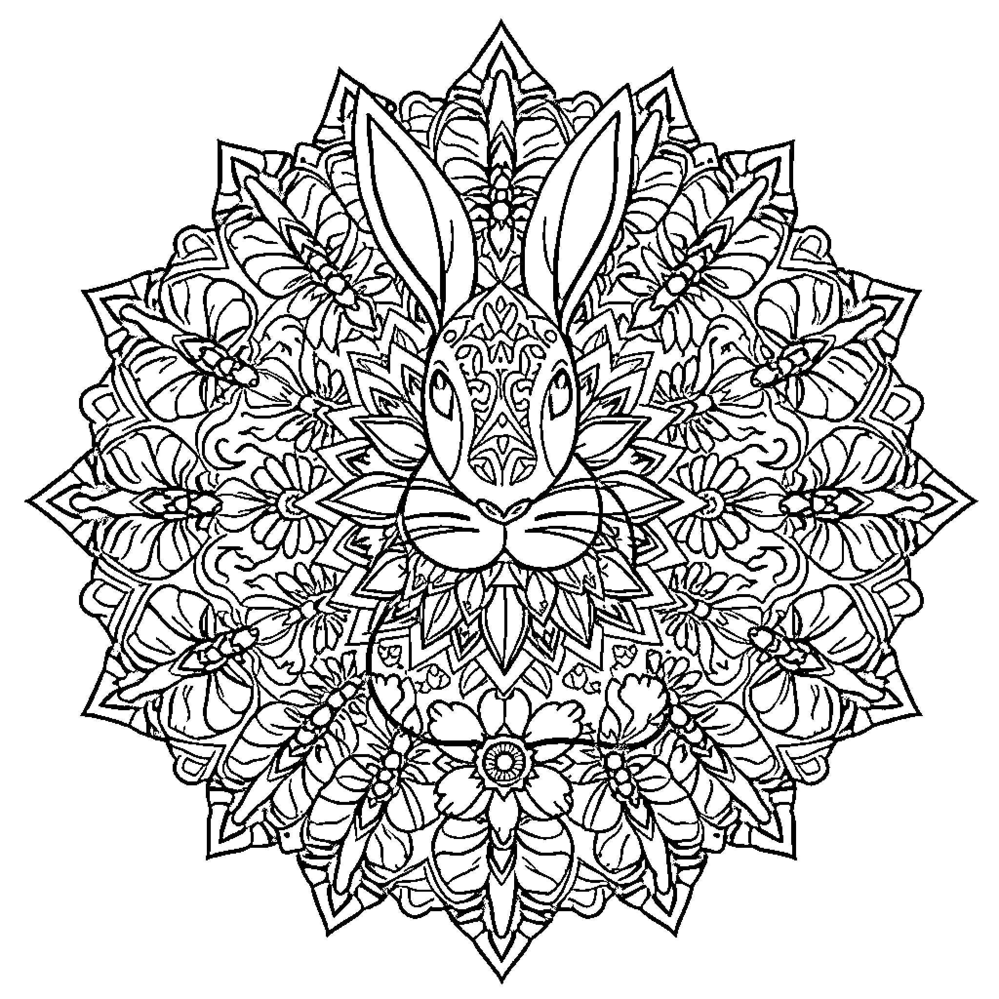 Bunny surrounded by intricate floral mandala Coloring Page (free black-and-white line drawing printable PDF for all, from beginners to advanced learners, including children, teens, adults, and seniors)