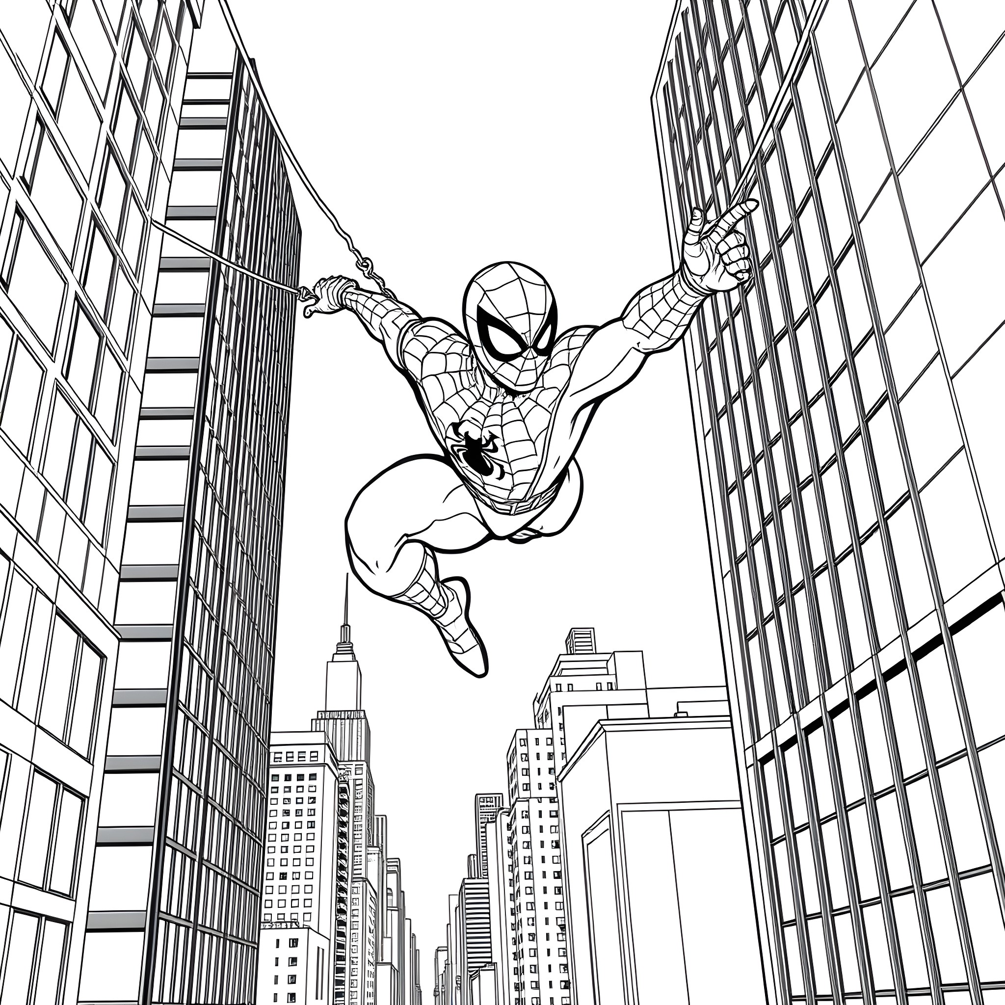 Spiderman swinging through the city Coloring Page (free black-and-white line drawing printable PDF for all, from beginners to advanced learners, including children, teens, adults, and seniors)