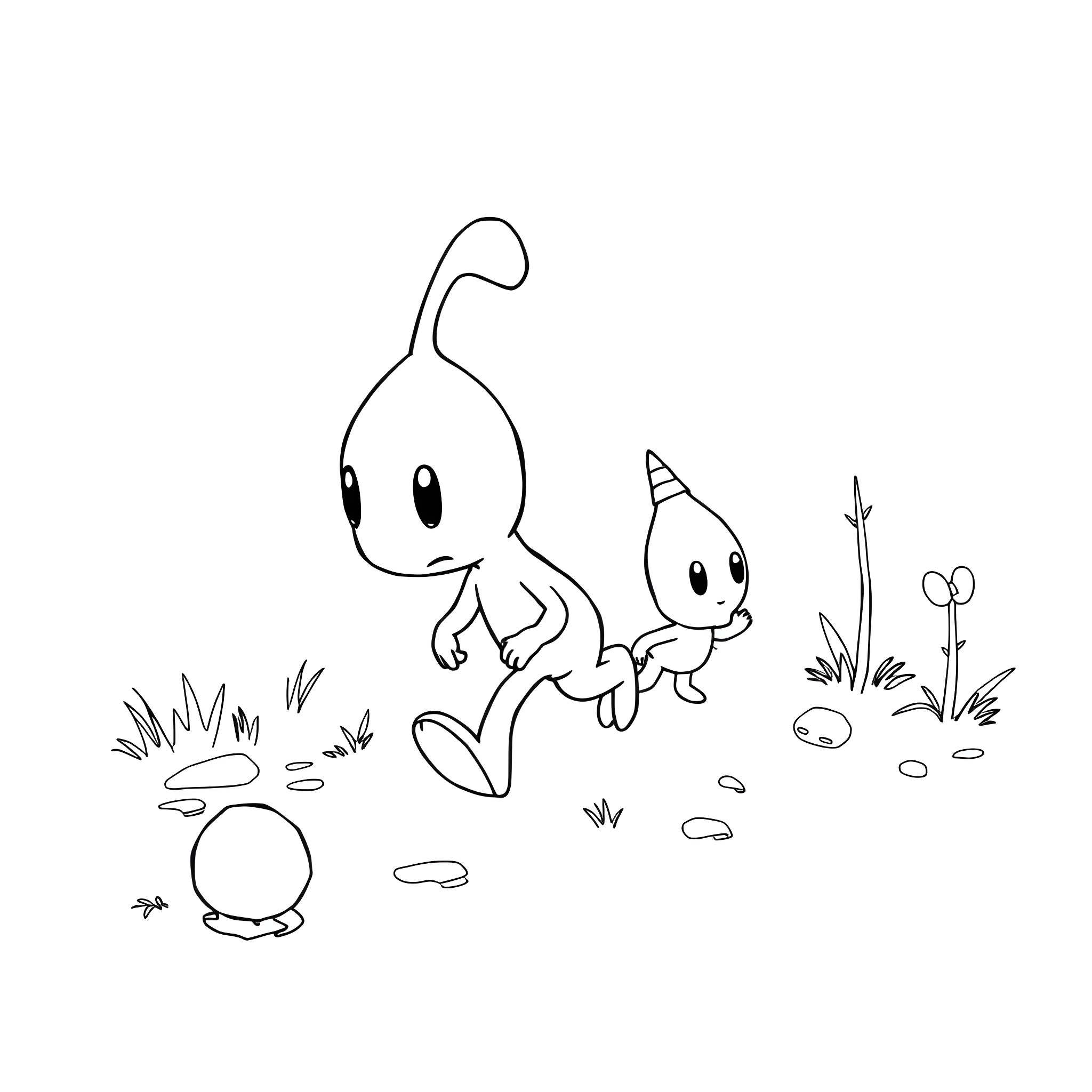 Pikmin exploring the natural environment Coloring Page (free black-and-white line drawing printable PDF for all, from beginners to advanced learners, including children, teens, adults, and seniors)