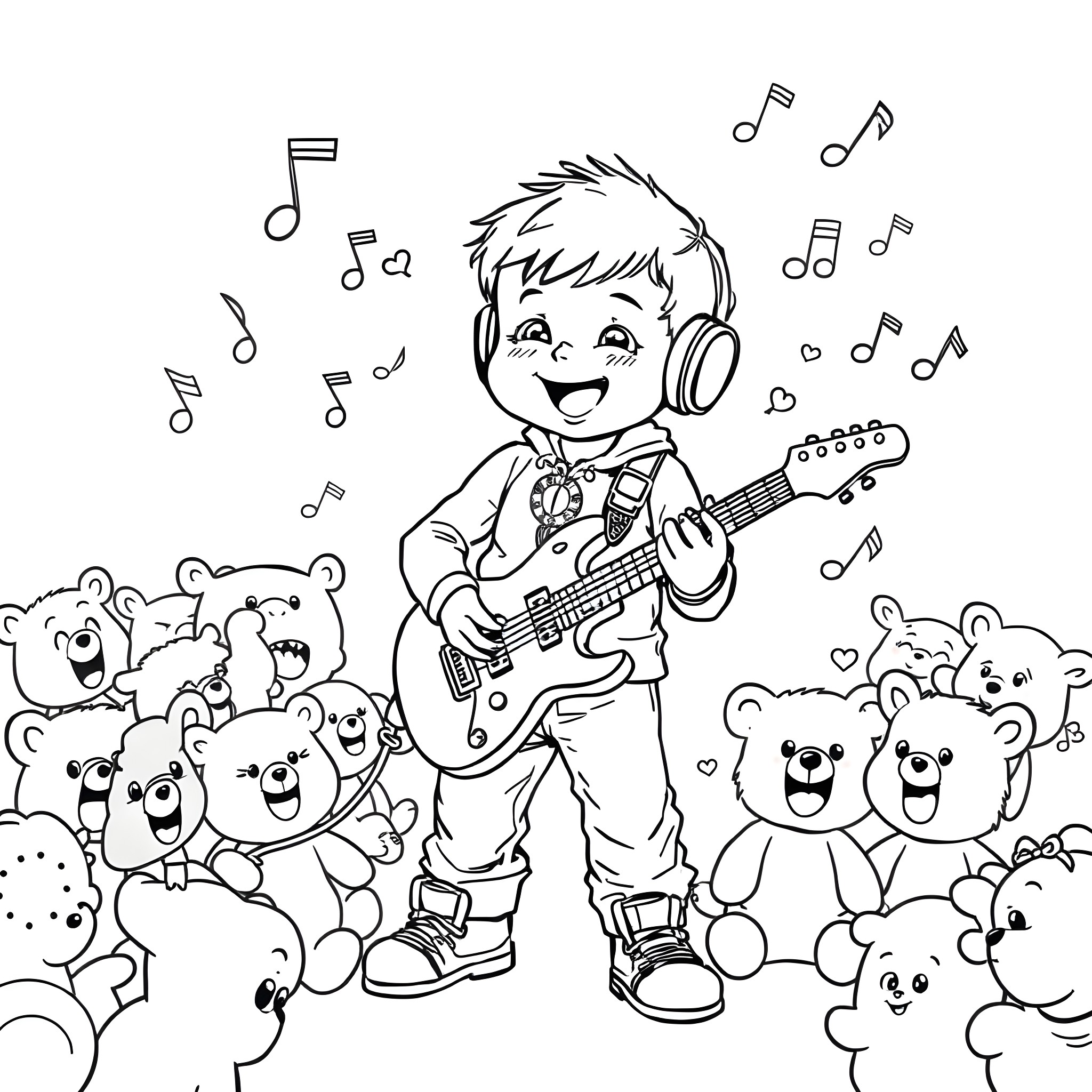 Baby boy playing guitar surrounded by stuffed animals Coloring Page (free black-and-white line drawing printable PDF for all, from beginners to advanced learners, including children, teens, adults, and seniors)
