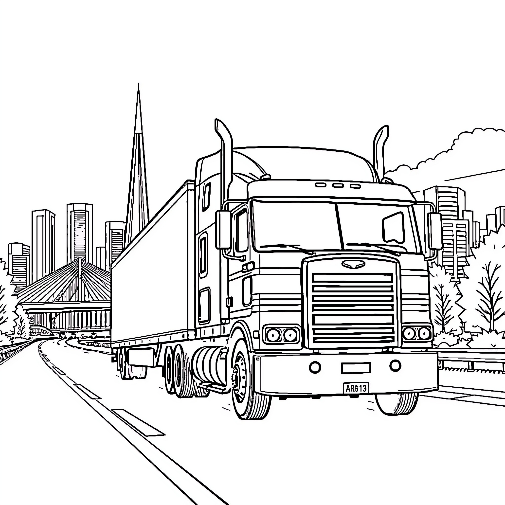 Truck transporting cargo through city skyline Coloring Page (free black-and-white line drawing printable PDF for all, from beginners to advanced learners, including children, teens, adults, and seniors)
