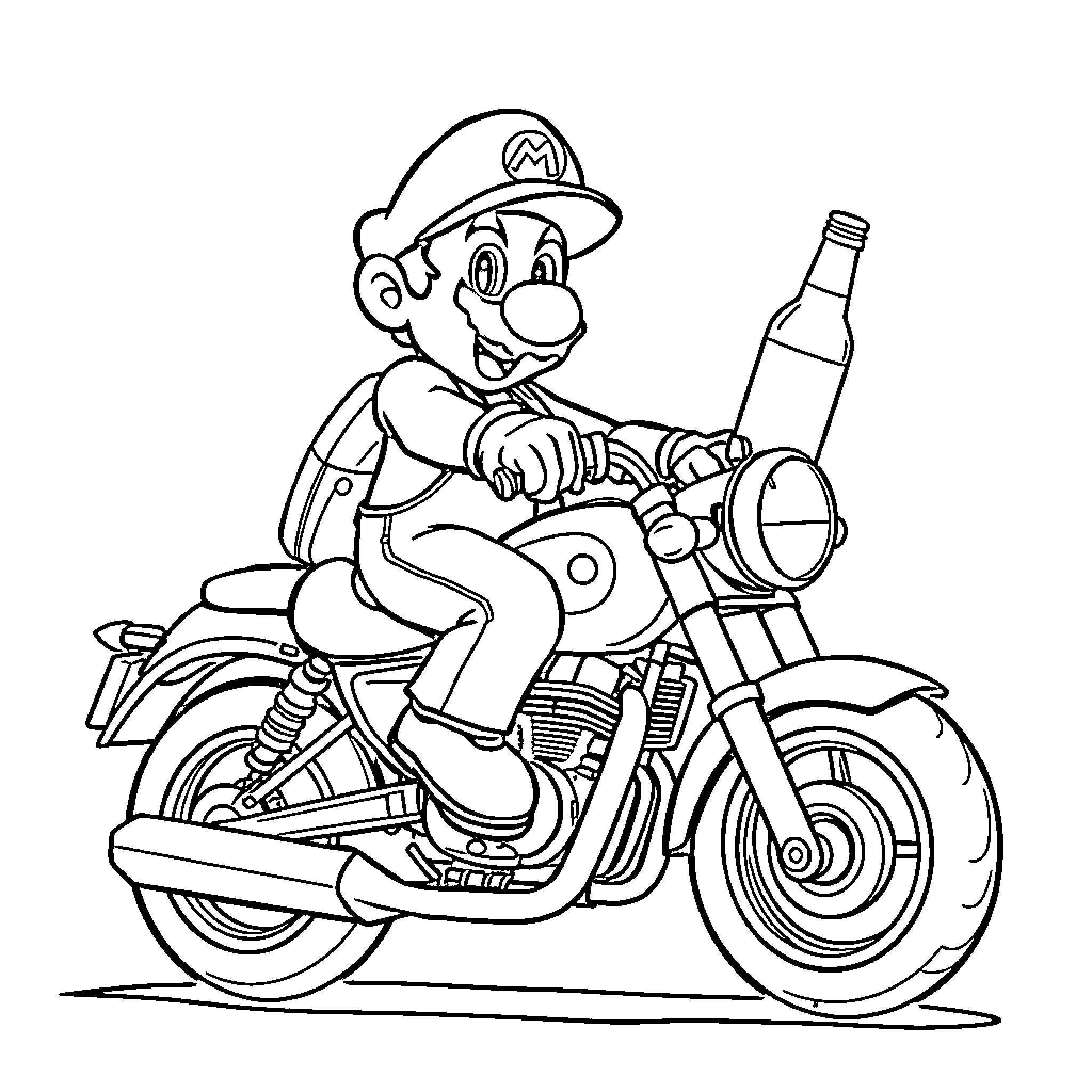 Mario riding a motorcycle with a bottle Coloring Page (free black-and-white line drawing printable PDF for all, from beginners to advanced learners, including children, teens, adults, and seniors)
