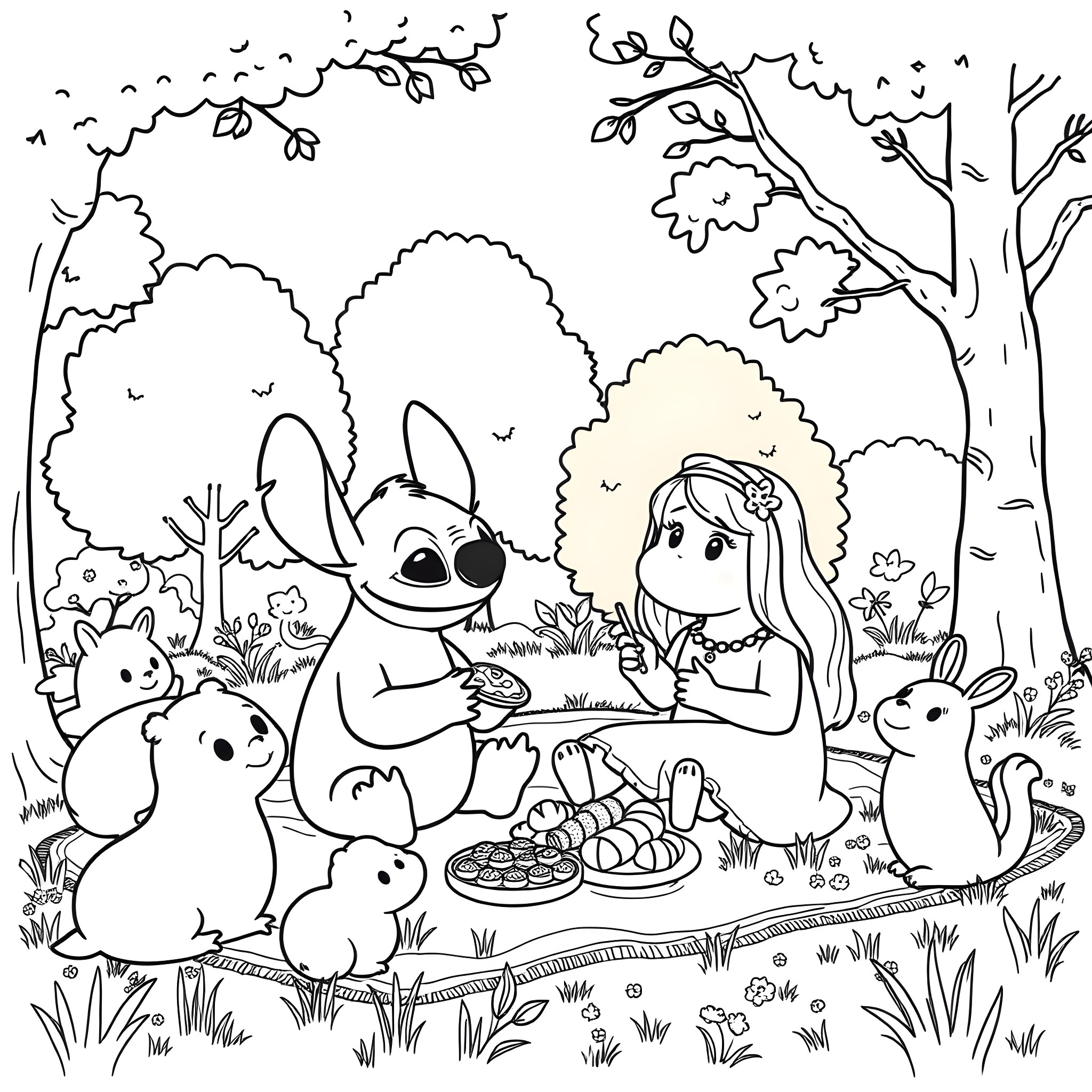 Stitch shares a picnic with friends in a lush forest Coloring Page (free black-and-white line drawing printable PDF for all, from beginners to advanced learners, including children, teens, adults, and seniors)