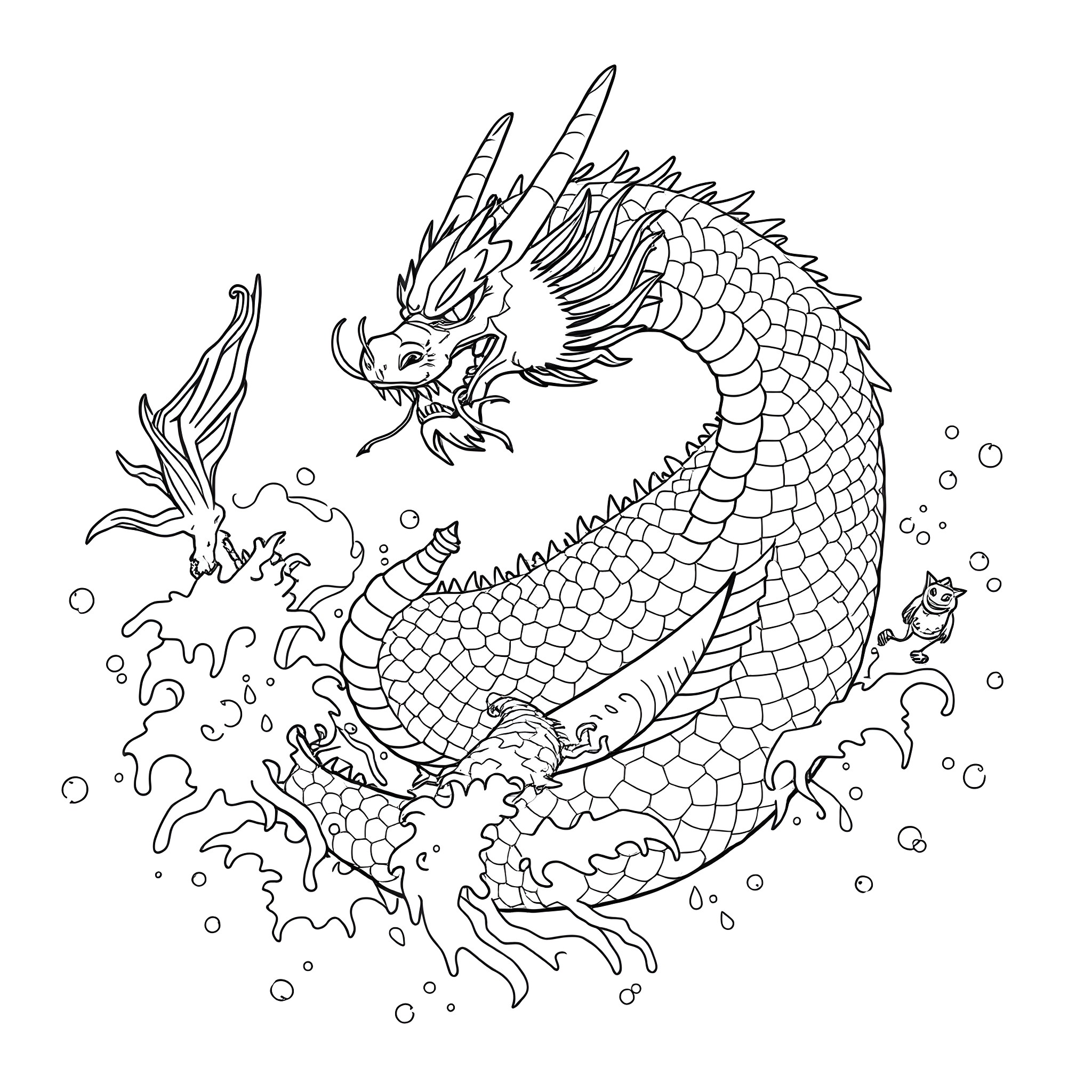 Dragon swimming through turbulent waters Coloring Page (free black-and-white line drawing printable PDF for all, from beginners to advanced learners, including children, teens, adults, and seniors)