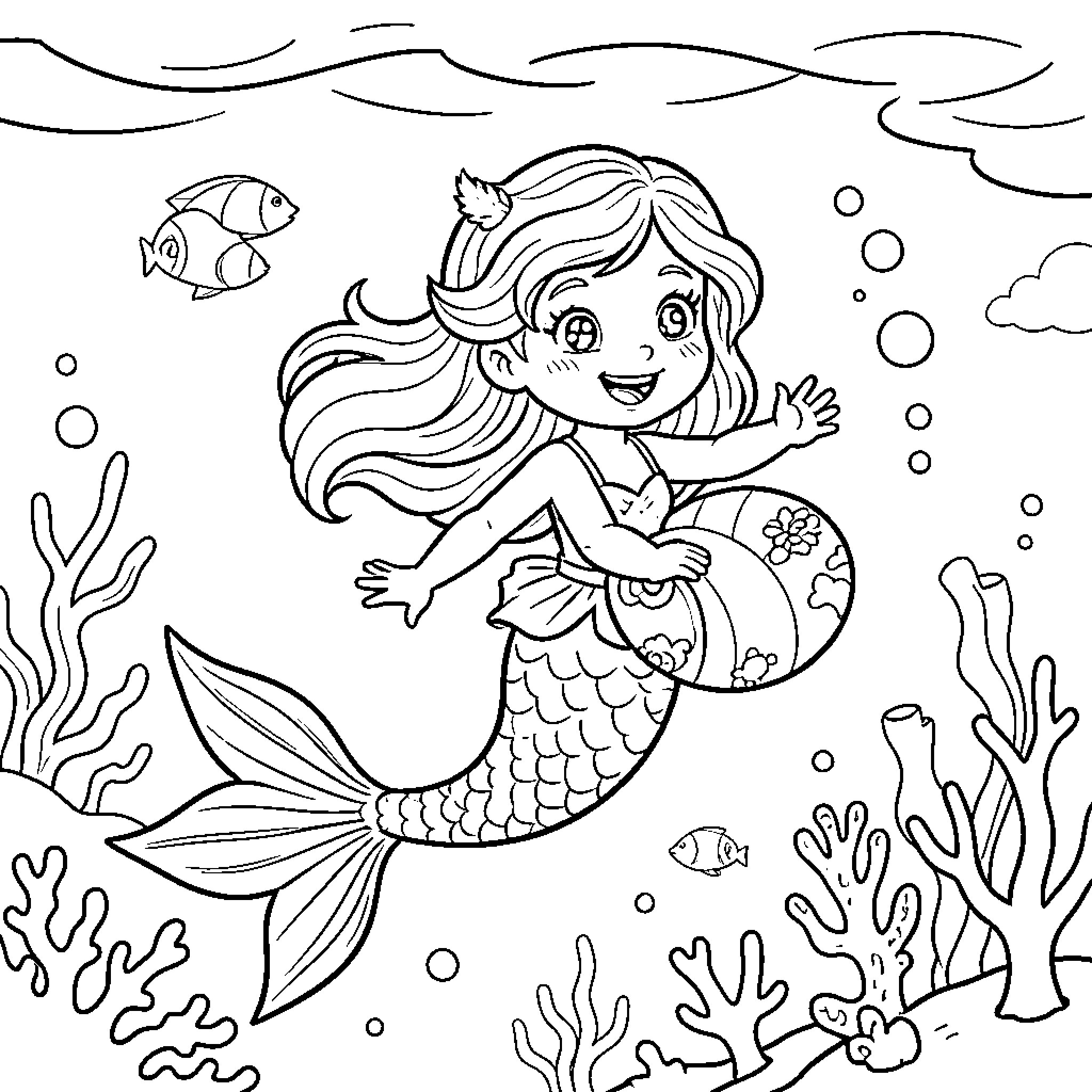 Mermaid exploring the underwater world Coloring Page (free black-and-white line drawing printable PDF for all, from beginners to advanced learners, including children, teens, adults, and seniors)