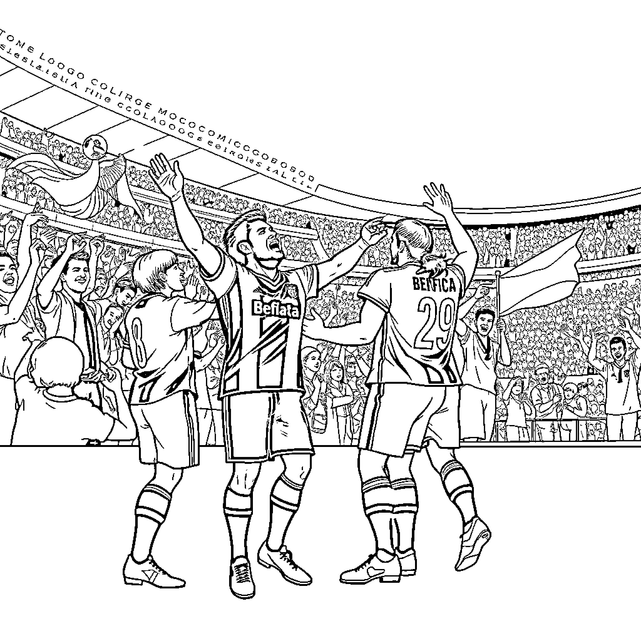 Benfica players celebrating victory on the pitch Coloring Page (free black-and-white line drawing printable PDF for all, from beginners to advanced learners, including children, teens, adults, and seniors)