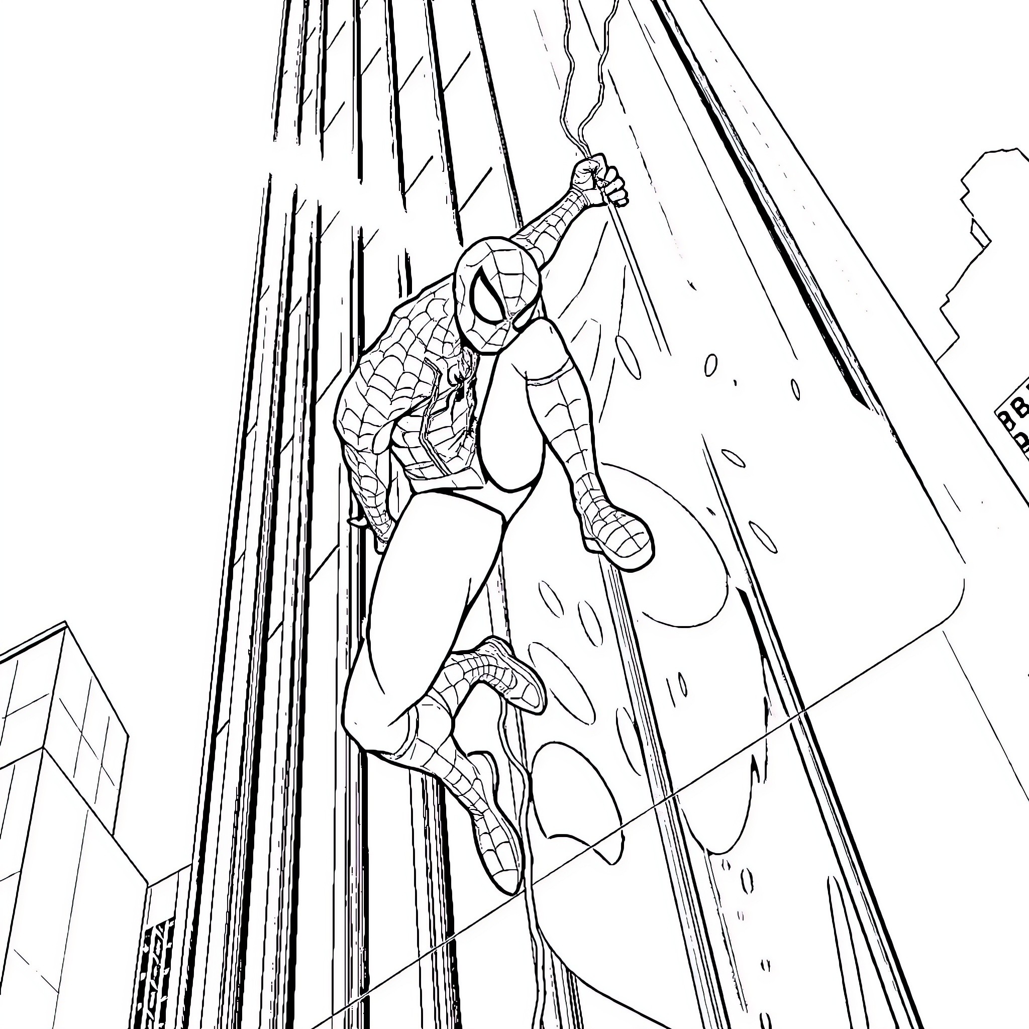 Spider-Man swinging through city skyscrapers Coloring Page (free black-and-white line drawing printable PDF for all, from beginners to advanced learners, including children, teens, adults, and seniors)