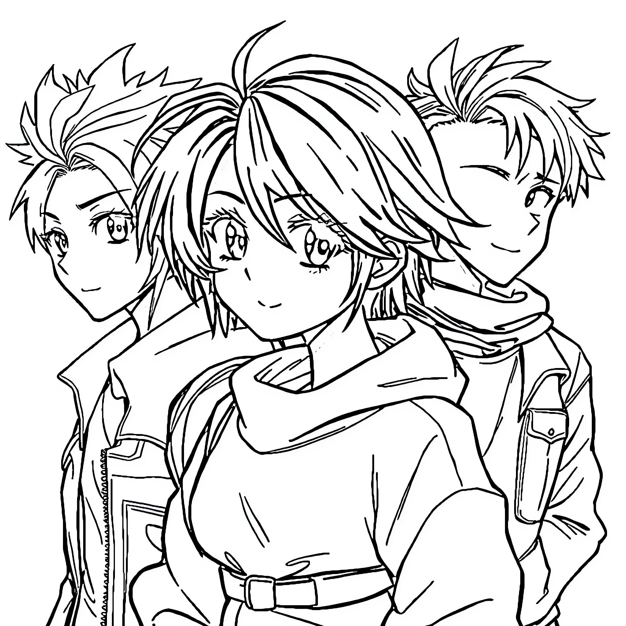 Manga Characters in Heroic Poses Coloring Page (free black-and-white line drawing printable PDF for all, from beginners to advanced learners, including children, teens, adults, and seniors)