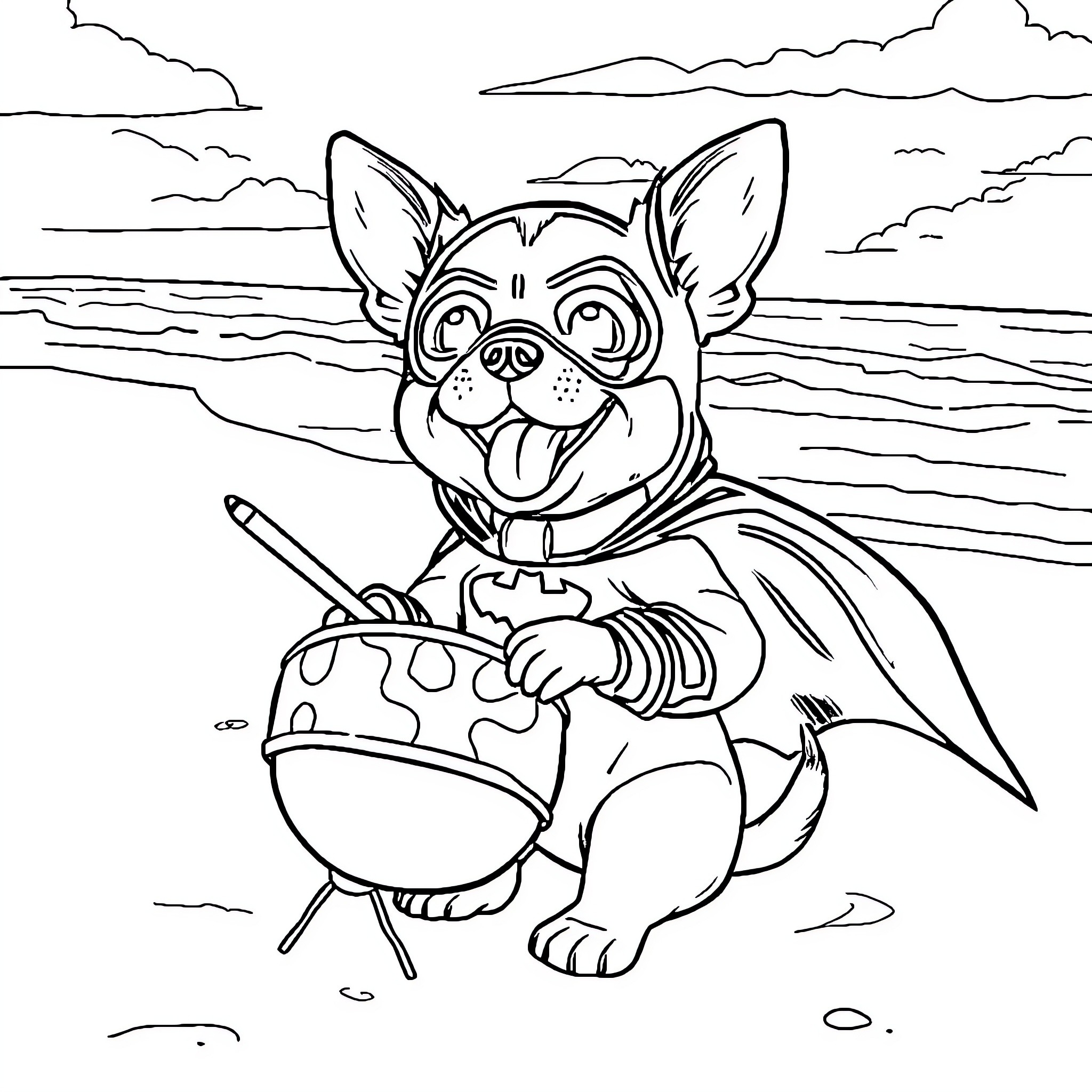 Dog playing with drum on the beach Coloring Page (free black-and-white line drawing printable PDF for all, from beginners to advanced learners, including children, teens, adults, and seniors)