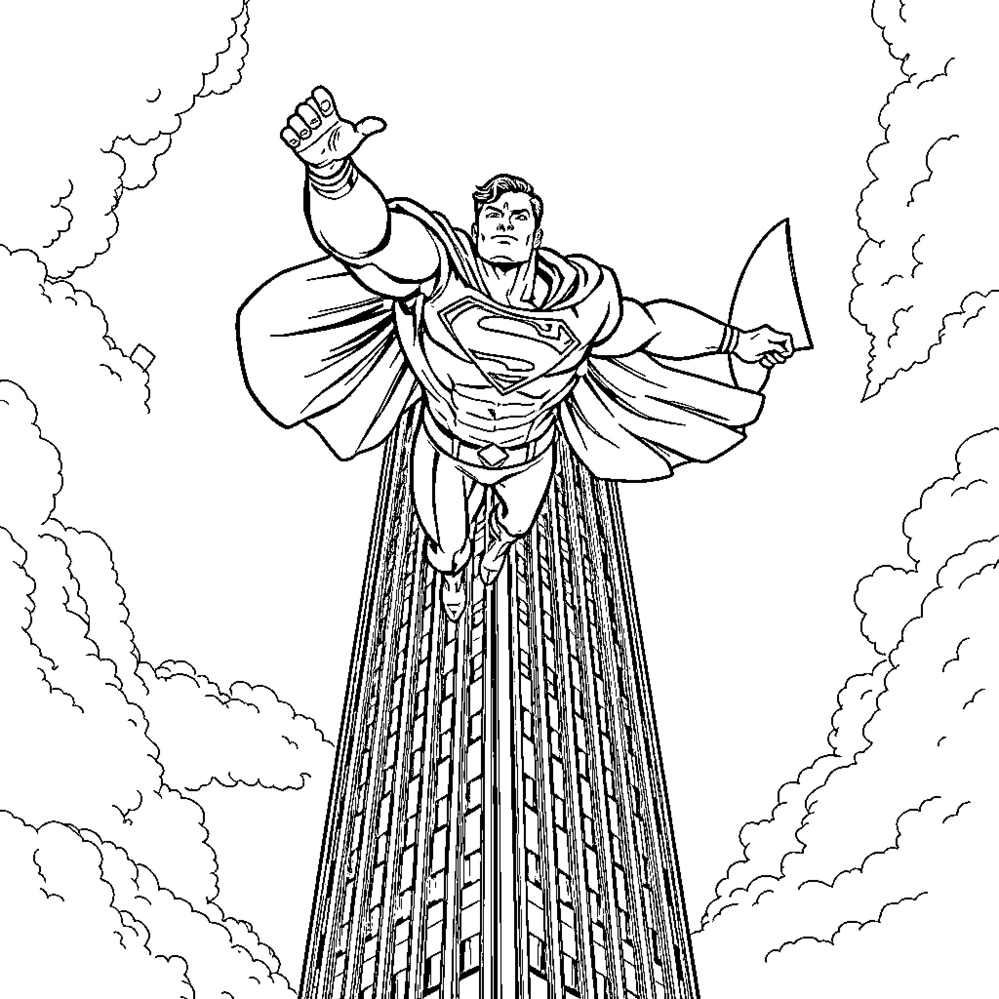 Superman in heroic pose with dynamic background Coloring Page (free black-and-white line drawing printable PDF for all, from beginners to advanced learners, including children, teens, adults, and seniors)