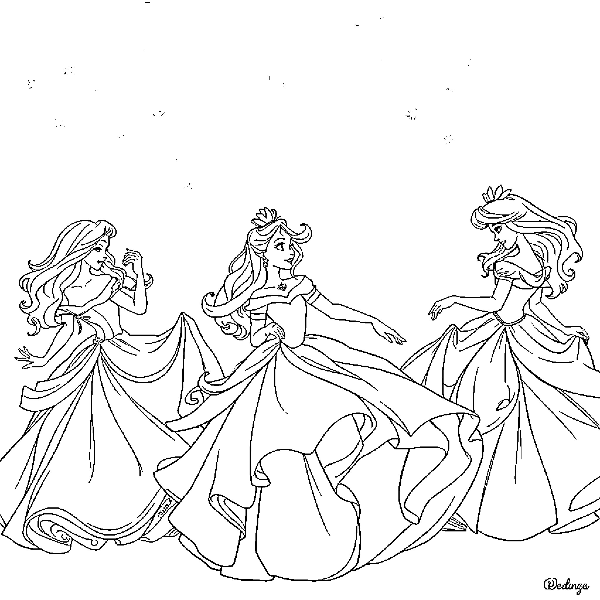 Disney Princess Trio in Graceful Dance Coloring Page (free black-and-white line drawing printable PDF for all, from beginners to advanced learners, including children, teens, adults, and seniors)