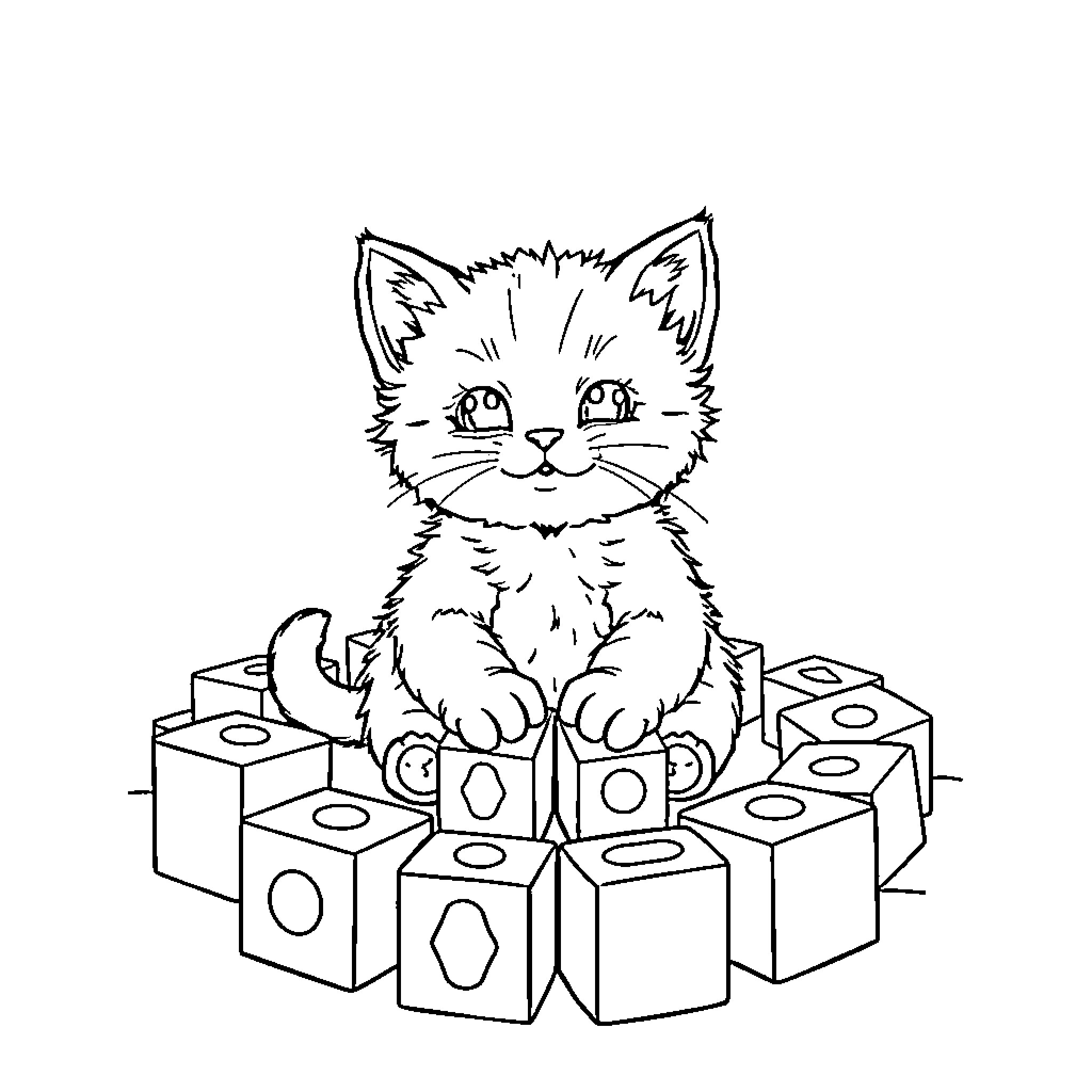 Kitten sitting on colorful building blocks Coloring Page (free black-and-white line drawing printable PDF for all, from beginners to advanced learners, including children, teens, adults, and seniors)