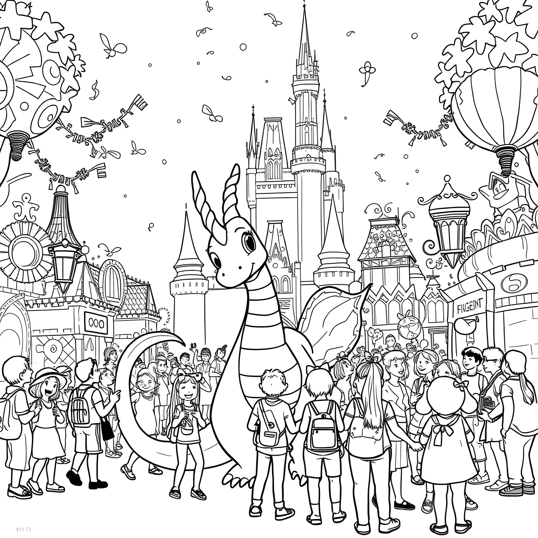 Figment's Whimsical Adventure in the Enchanting Kingdom Coloring Page (free black-and-white line drawing printable PDF for all, from beginners to advanced learners, including children, teens, adults, and seniors)