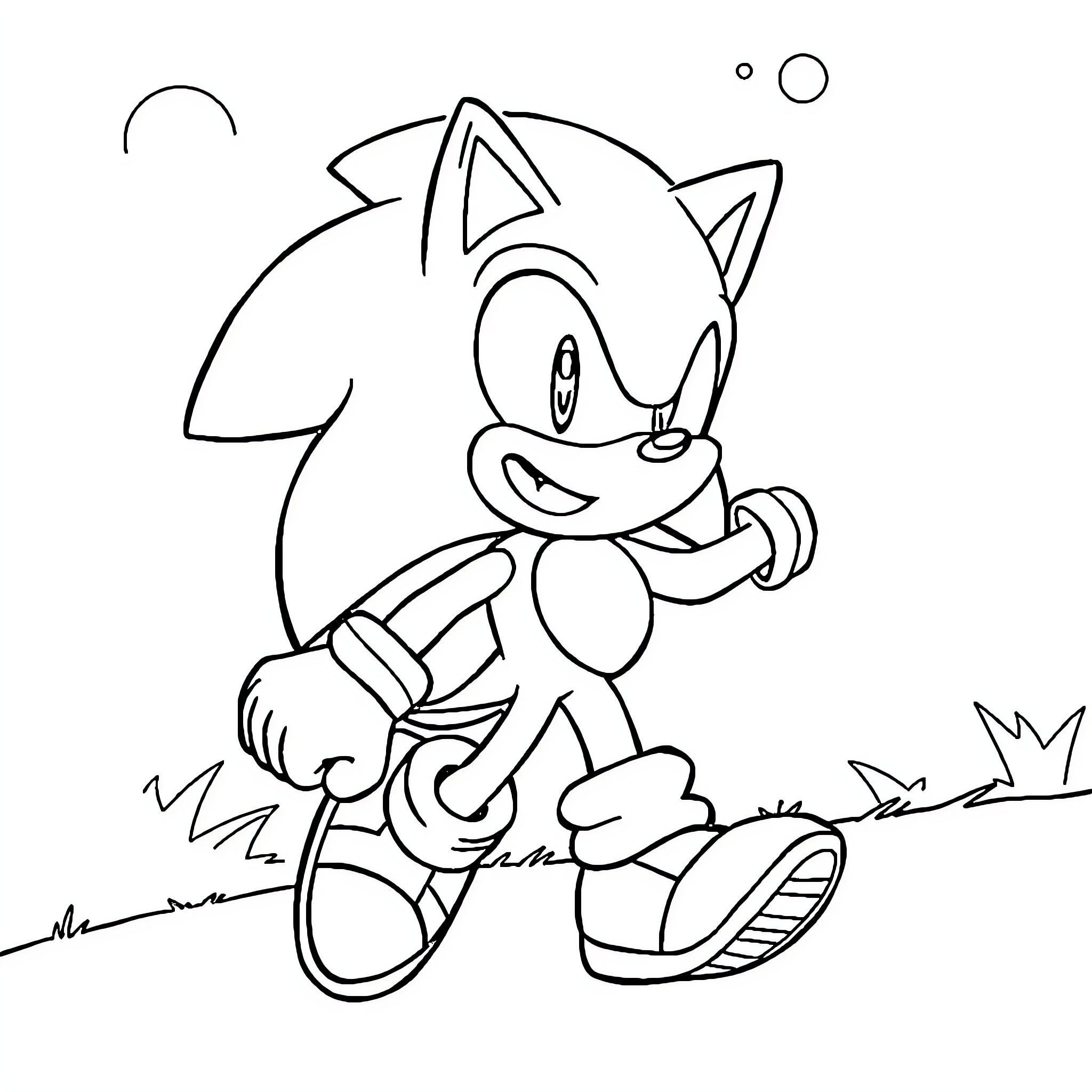 Sonic running happily in nature Coloring Page (free black-and-white line drawing printable PDF for all, from beginners to advanced learners, including children, teens, adults, and seniors)