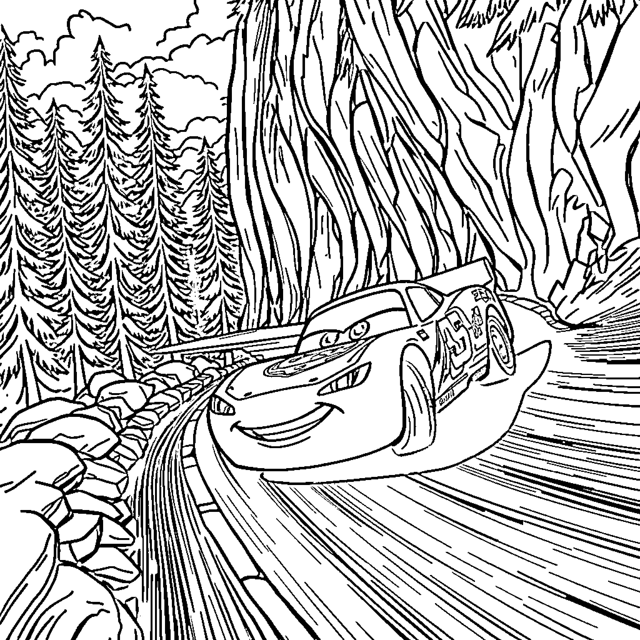 Lightening McQueen racing through a forest Coloring Page (free black-and-white line drawing printable PDF for all, from beginners to advanced learners, including children, teens, adults, and seniors)