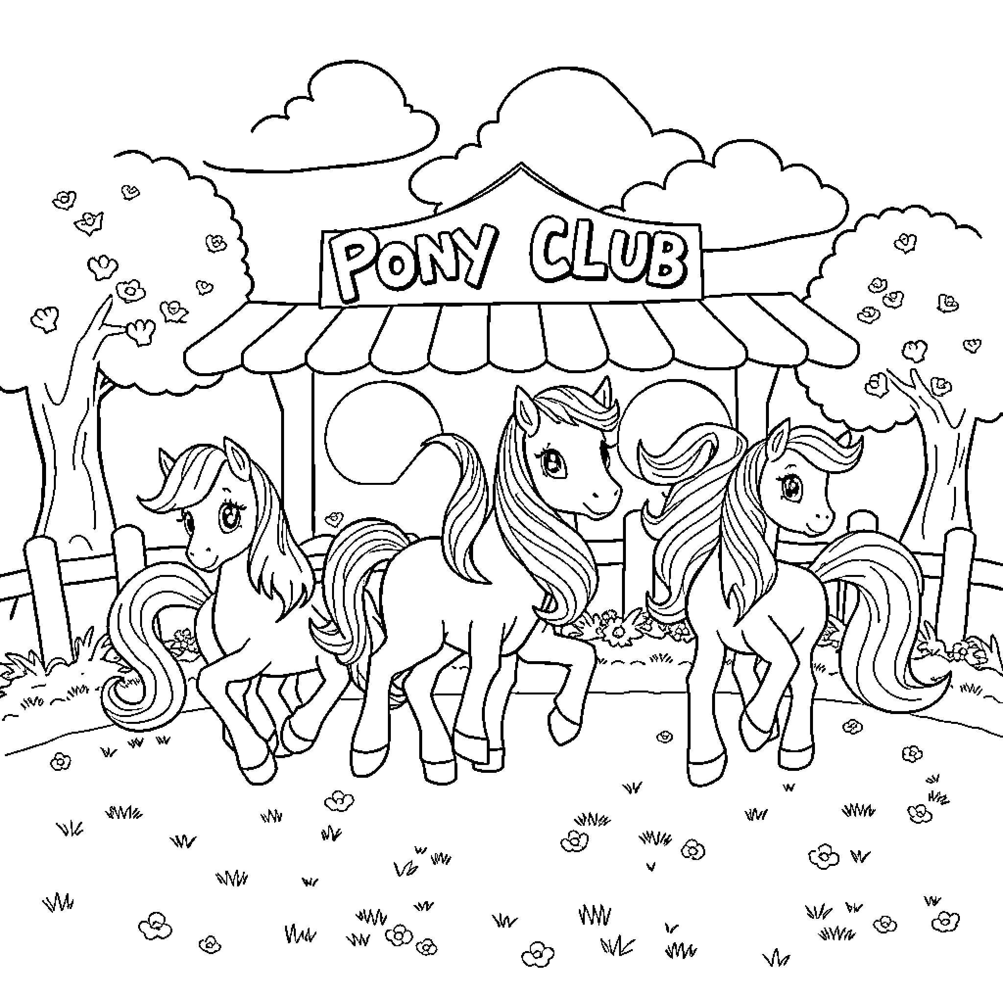 Pony Club with Adorable Ponies Coloring Page (free black-and-white line drawing printable PDF for all, from beginners to advanced learners, including children, teens, adults, and seniors)