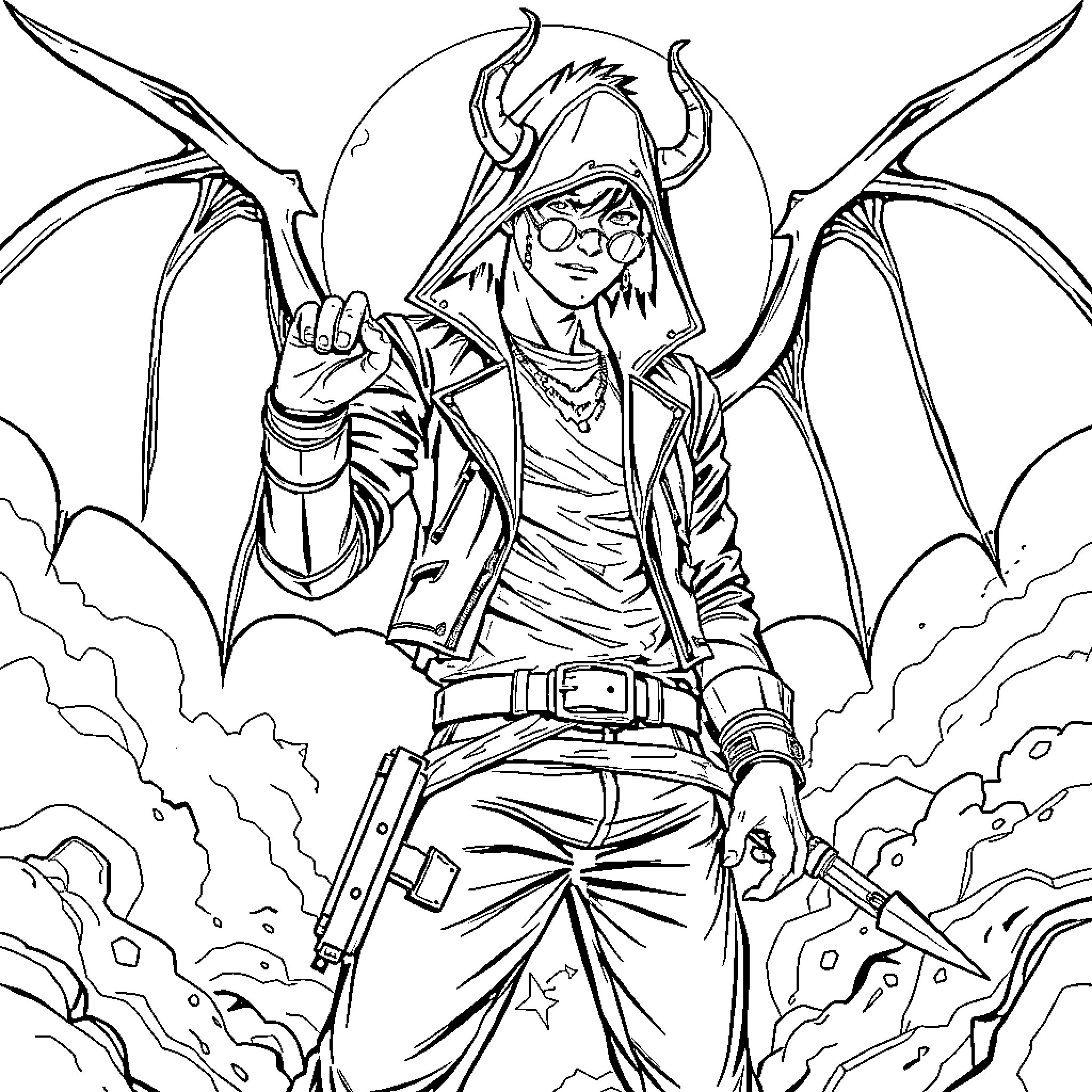 Demon Hunter battles with determination and courage Coloring Page (free black-and-white line drawing printable PDF for all, from beginners to advanced learners, including children, teens, adults, and seniors)