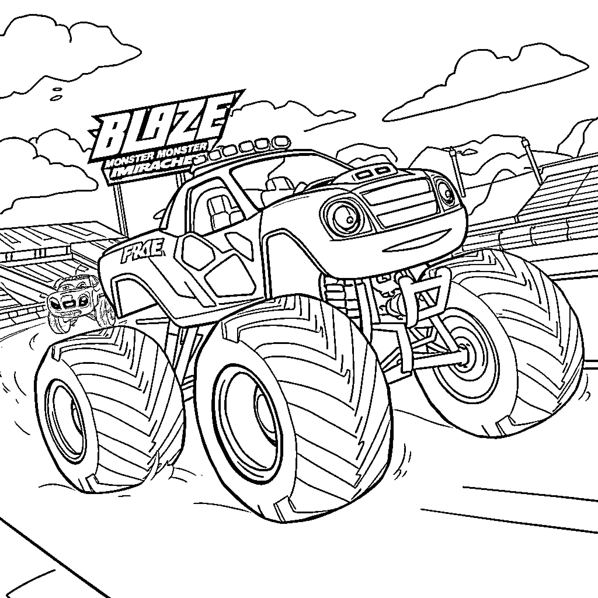 Blaze racing through rugged terrain Coloring Page (free black-and-white line drawing printable PDF for all, from beginners to advanced learners, including children, teens, adults, and seniors)