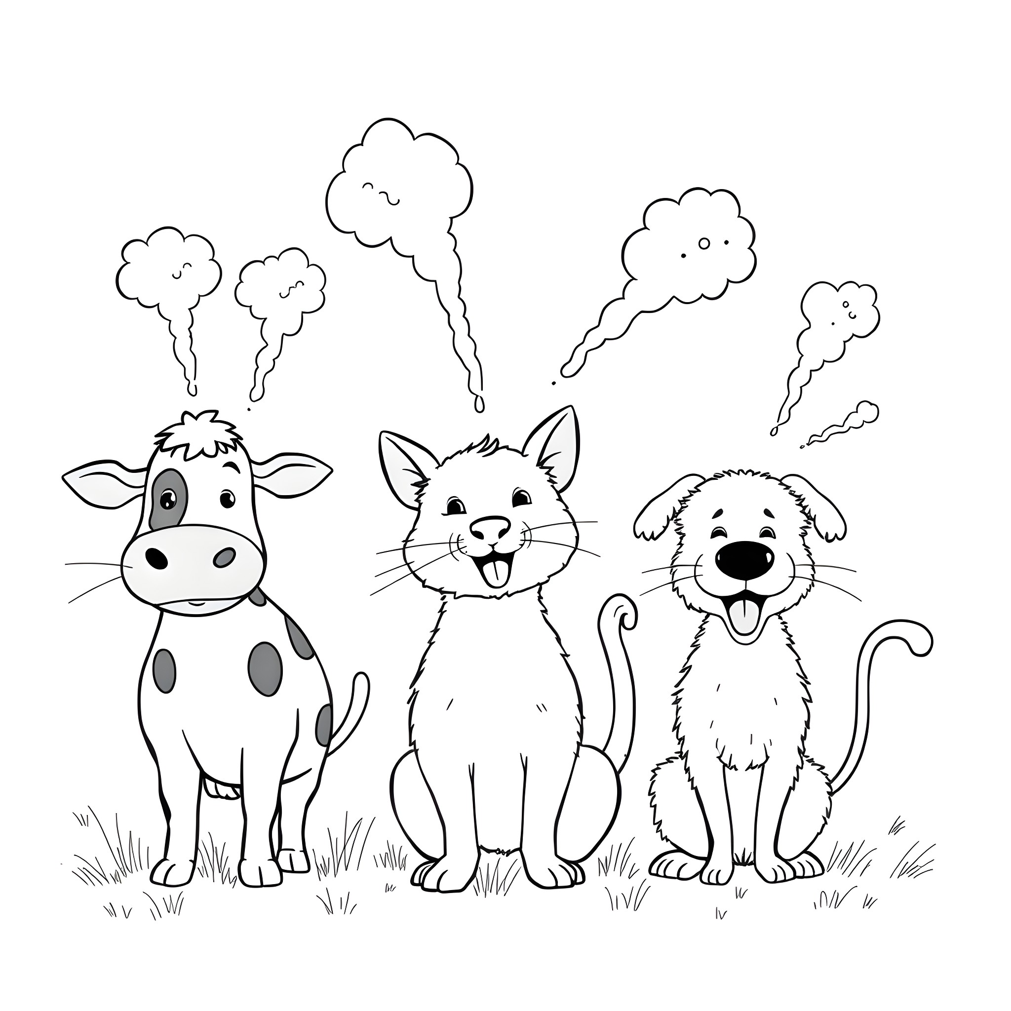 Animal friends enjoying a sunny day Coloring Page (free black-and-white line drawing printable PDF for all, from beginners to advanced learners, including children, teens, adults, and seniors)