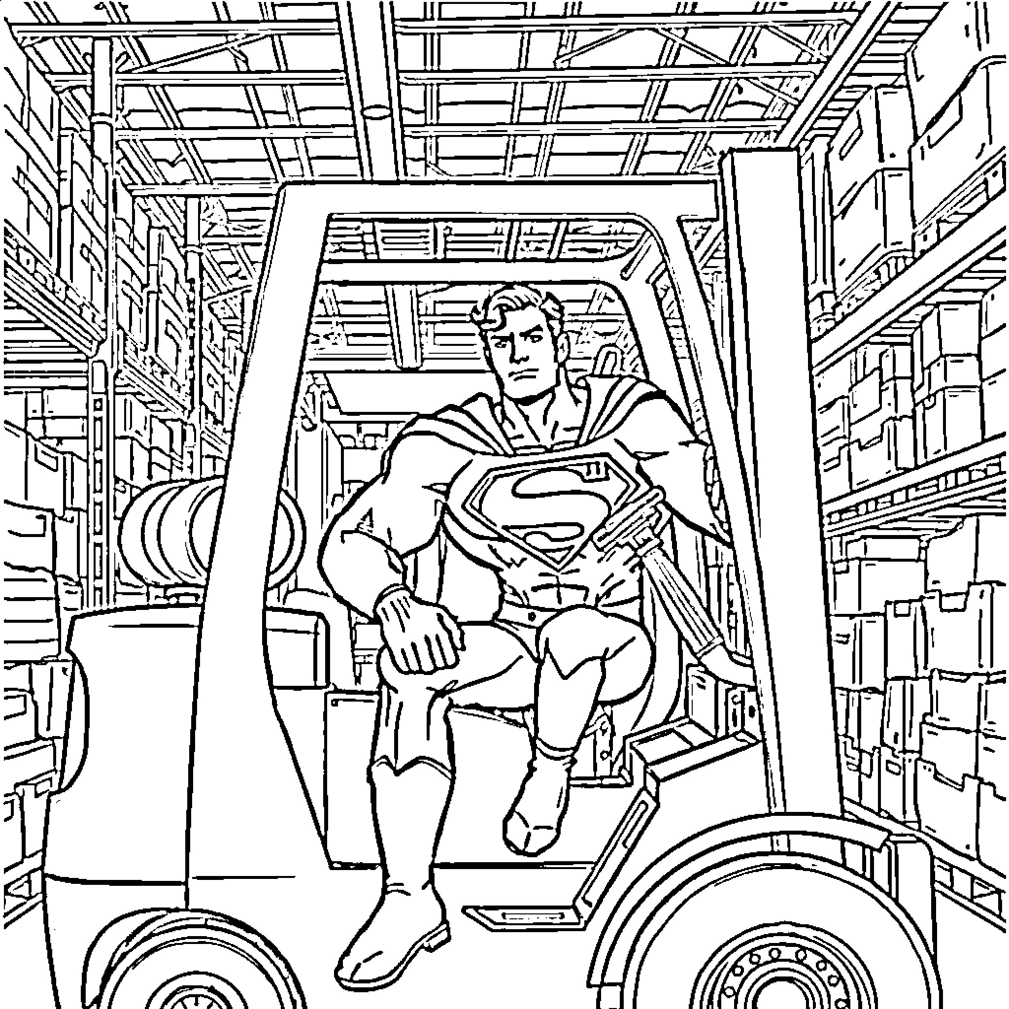 Superman operating a forklift in a warehouse Coloring Page (free black-and-white line drawing printable PDF for all, from beginners to advanced learners, including children, teens, adults, and seniors)