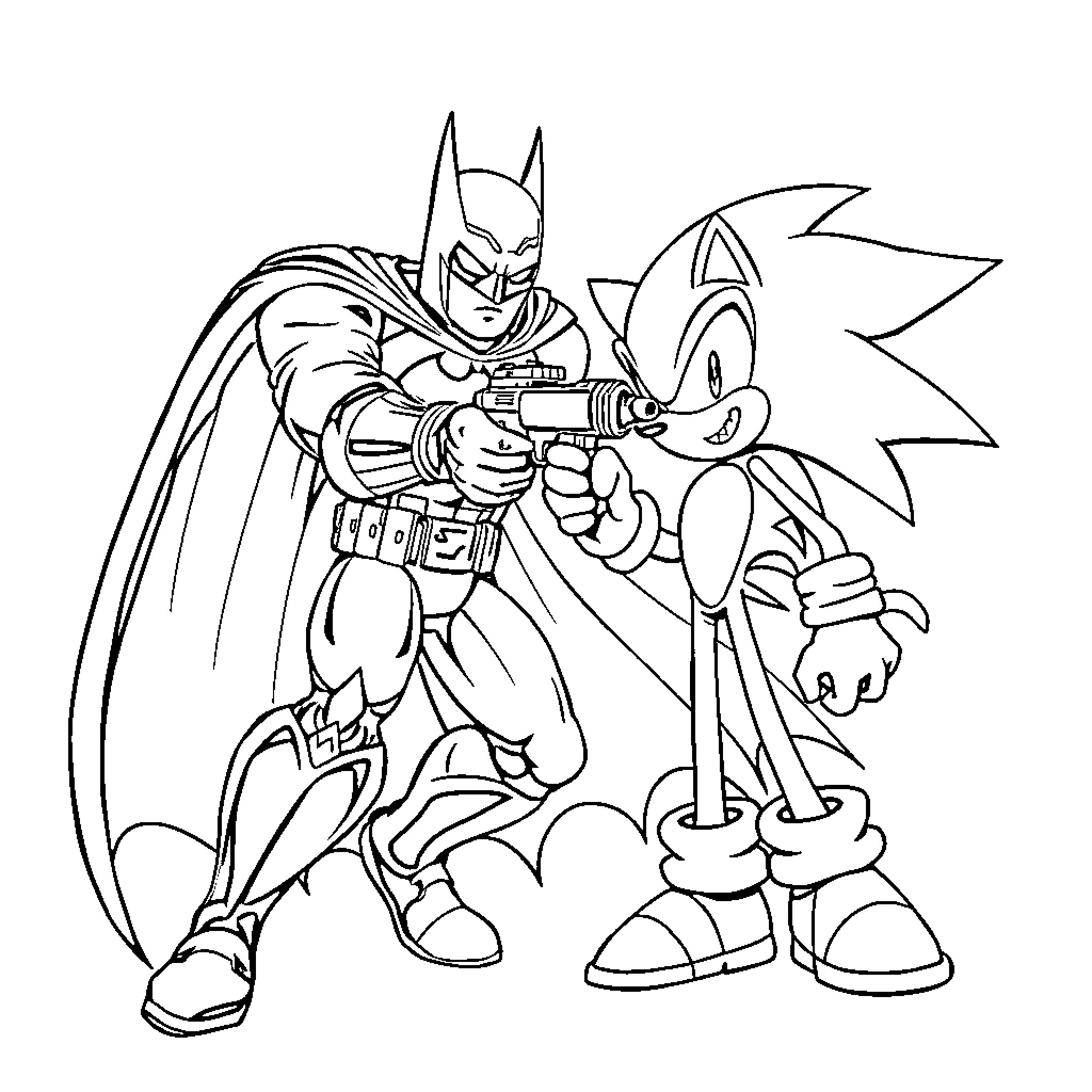 Batman and Sonic the Hedgehog Team Up for Action Coloring Page (free black-and-white line drawing printable PDF for all, from beginners to advanced learners, including children, teens, adults, and seniors)