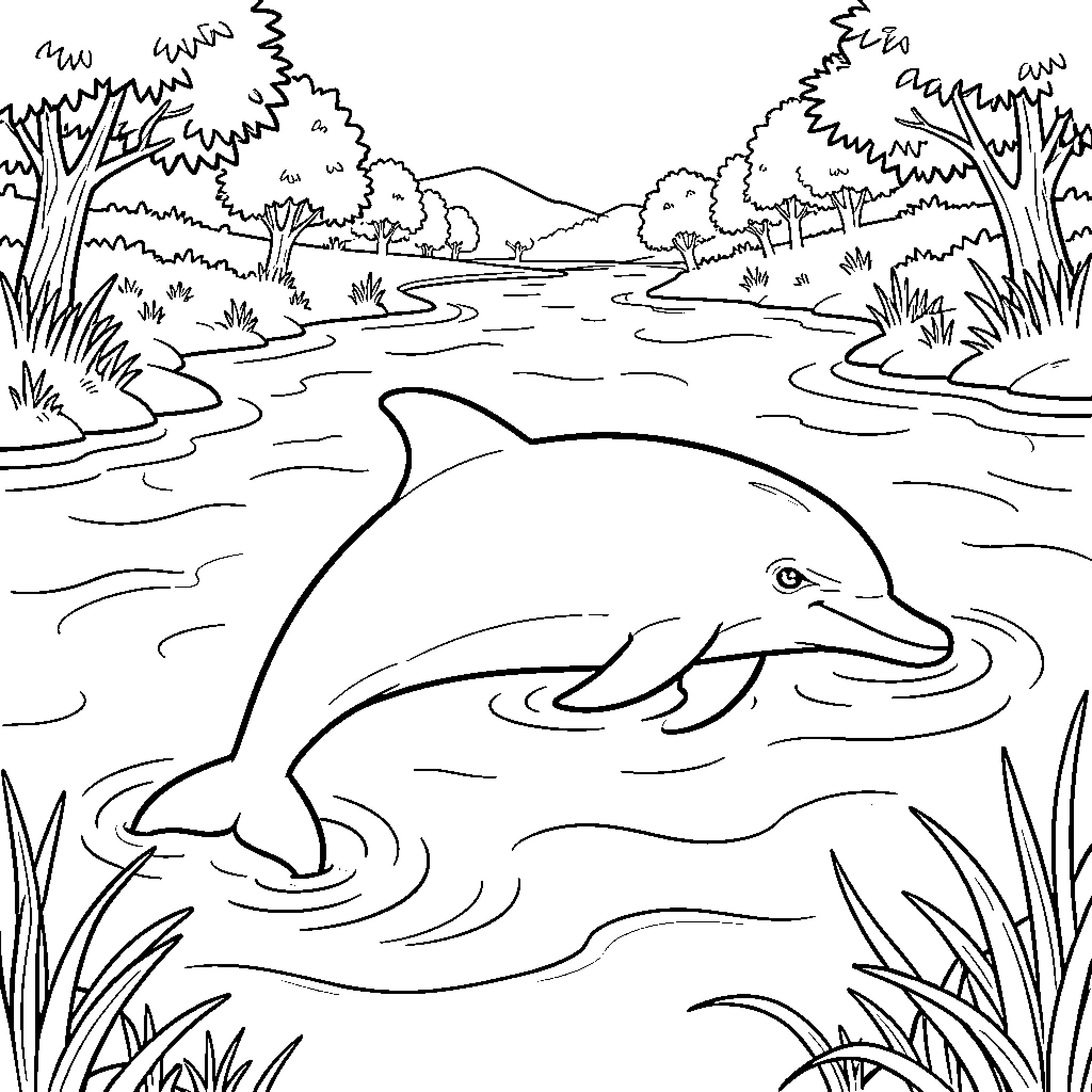 Dolphin swimming gracefully in a natural pond Coloring Page (free black-and-white line drawing printable PDF for all, from beginners to advanced learners, including children, teens, adults, and seniors)