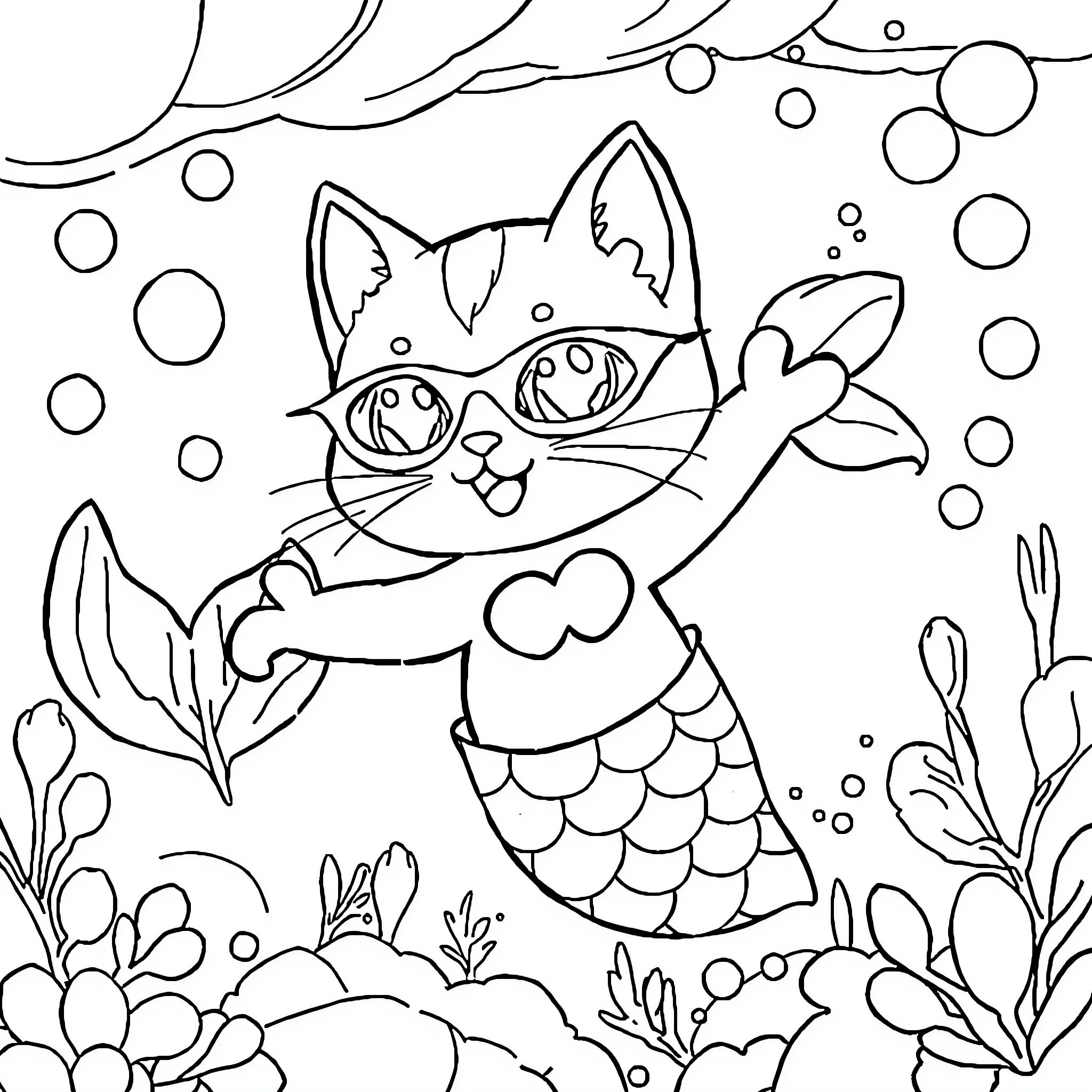 Kitty Mermaid Exploring the Underwater World Coloring Page (free black-and-white line drawing printable PDF for all, from beginners to advanced learners, including children, teens, adults, and seniors)