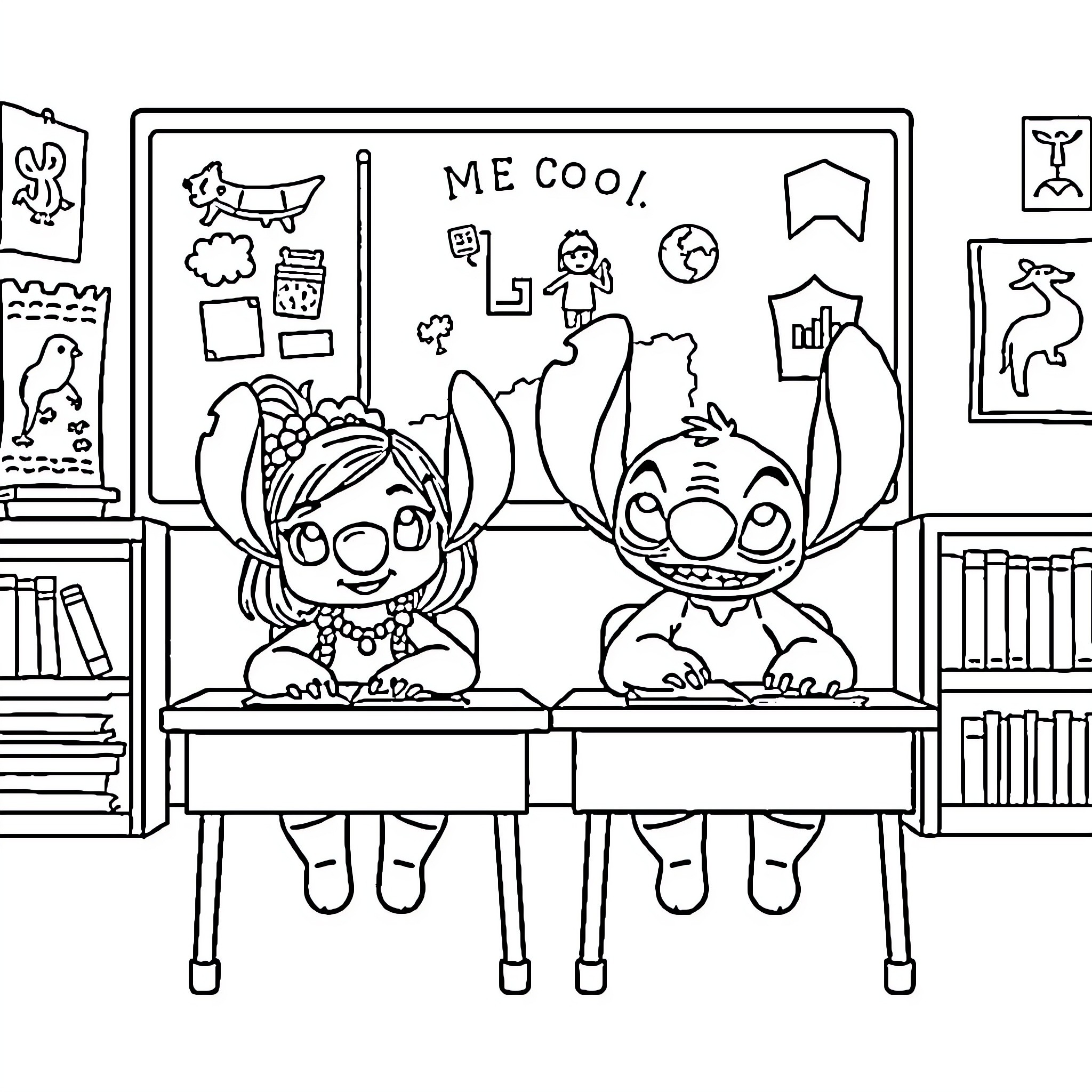 Lilo And Stitch playing together in the classroom Coloring Page (free black-and-white line drawing printable PDF for all, from beginners to advanced learners, including children, teens, adults, and seniors)
