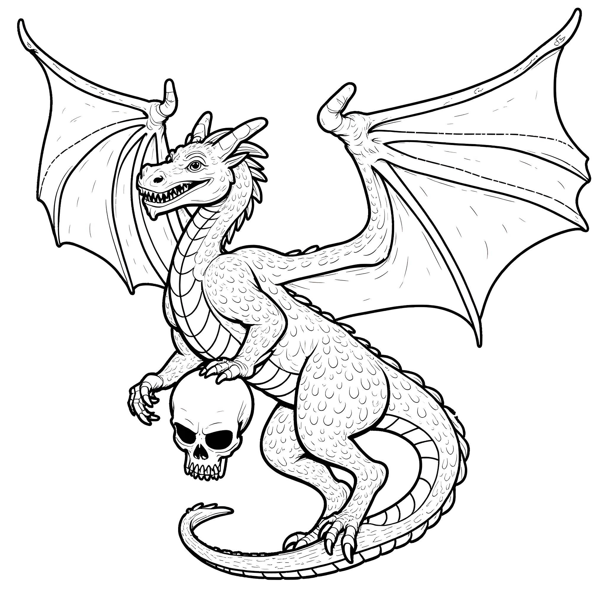 Dragon guarding a skull with menacing expression Coloring Page (free black-and-white line drawing printable PDF for all, from beginners to advanced learners, including children, teens, adults, and seniors)