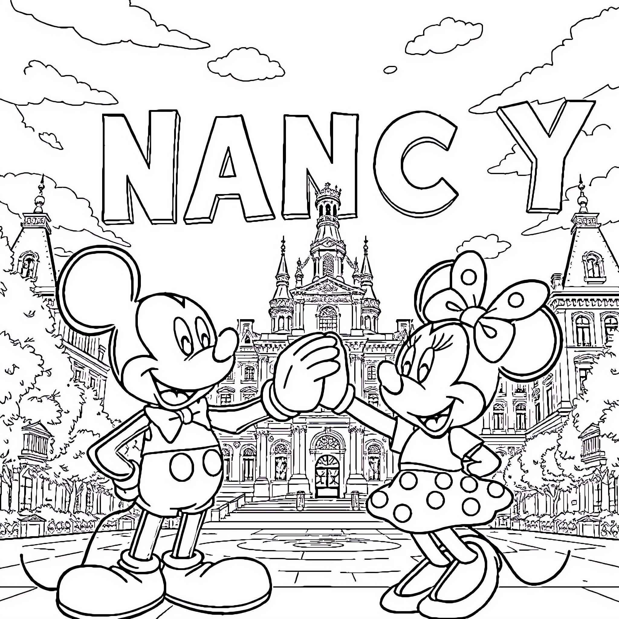 Mickey and Minnie in Whimsical Nancy Coloring Page (free black-and-white line drawing printable PDF for all, from beginners to advanced learners, including children, teens, adults, and seniors)
