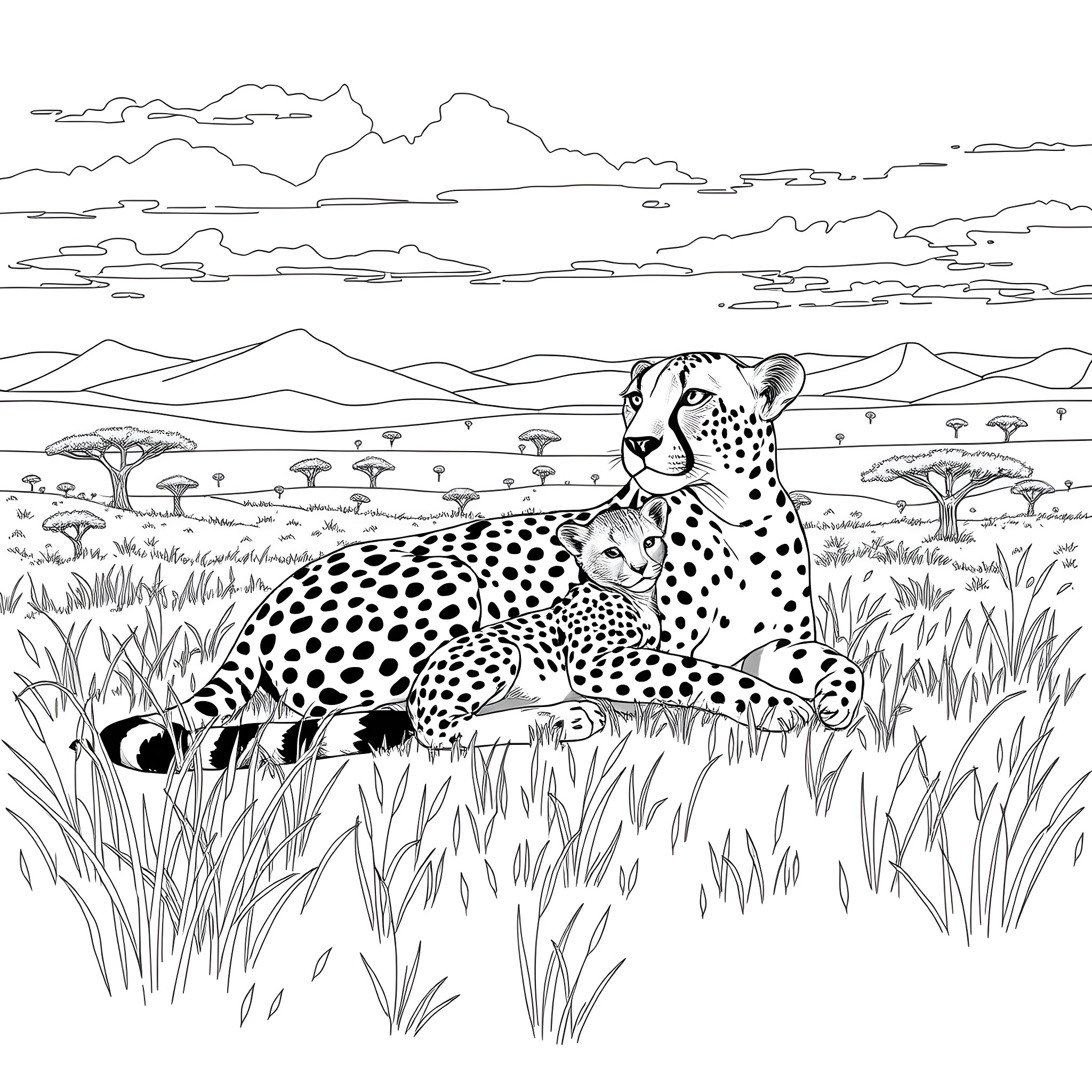 Cheetah resting peacefully in the savanna landscape Coloring Page (free black-and-white line drawing printable PDF for all, from beginners to advanced learners, including children, teens, adults, and seniors)