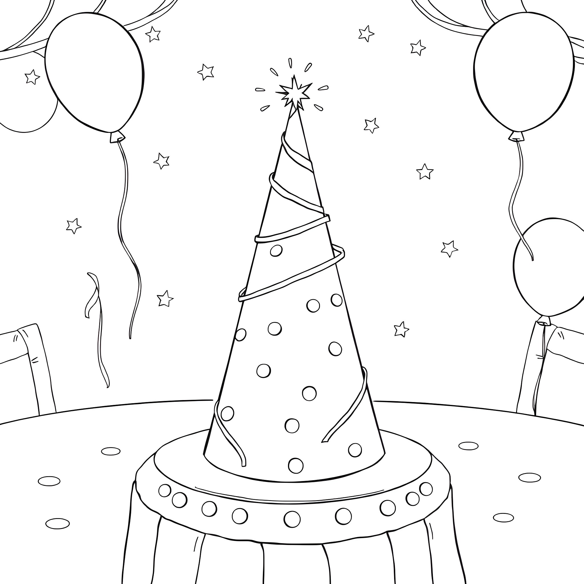 Hat Party with Balloons and Sparkles Coloring Page (free black-and-white line drawing printable PDF for all, from beginners to advanced learners, including children, teens, adults, and seniors)