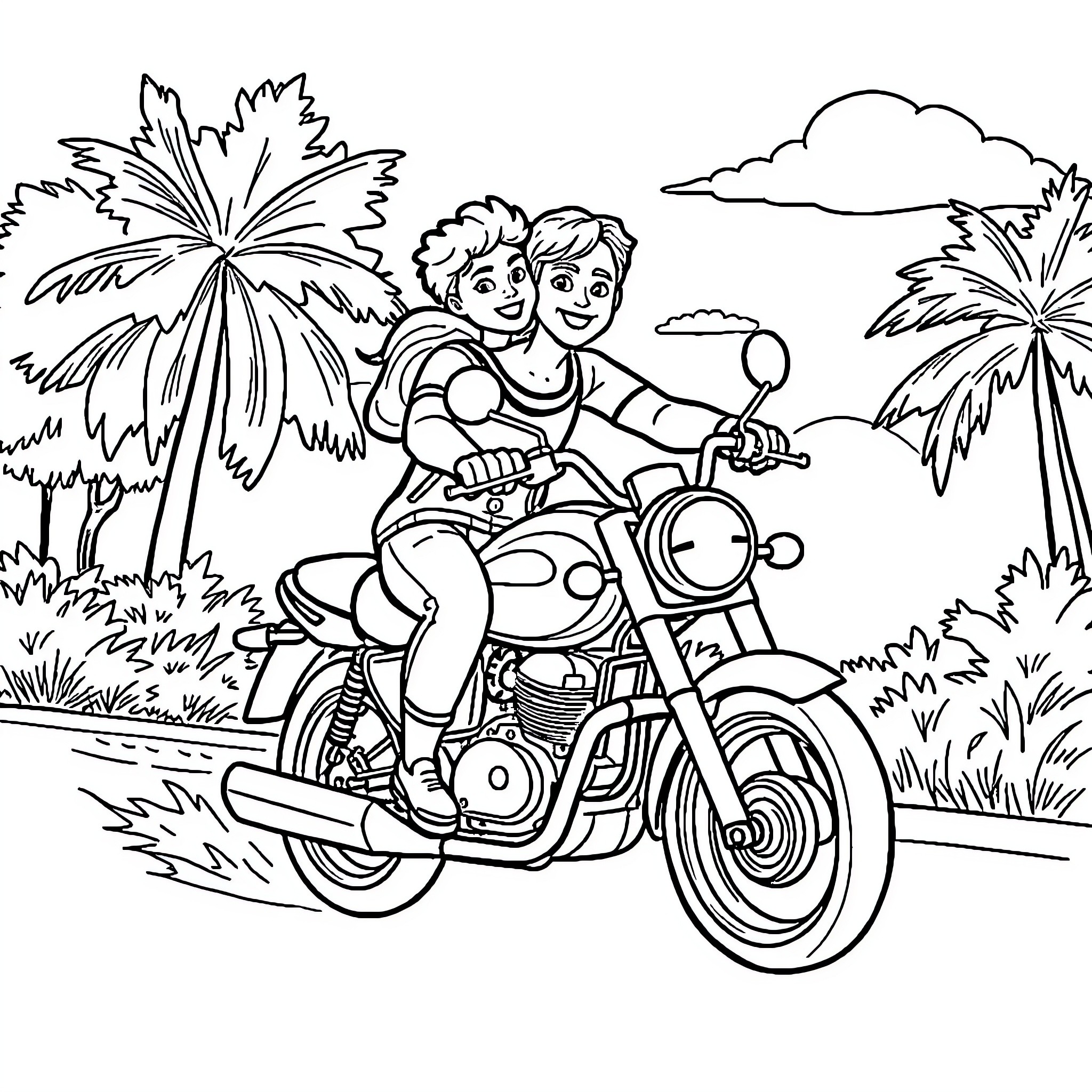 Partner enjoying tropical motorcycle ride together Coloring Page (free black-and-white line drawing printable PDF for all, from beginners to advanced learners, including children, teens, adults, and seniors)
