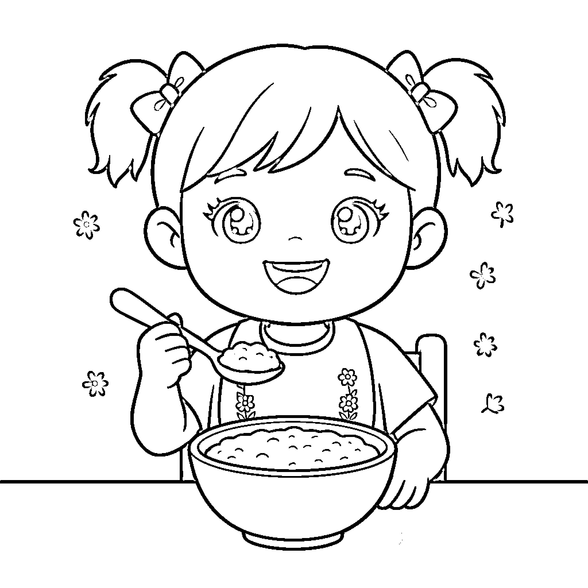 Toddler happily eating from a bowl Coloring Page (free black-and-white line drawing printable PDF for all, from beginners to advanced learners, including children, teens, adults, and seniors)