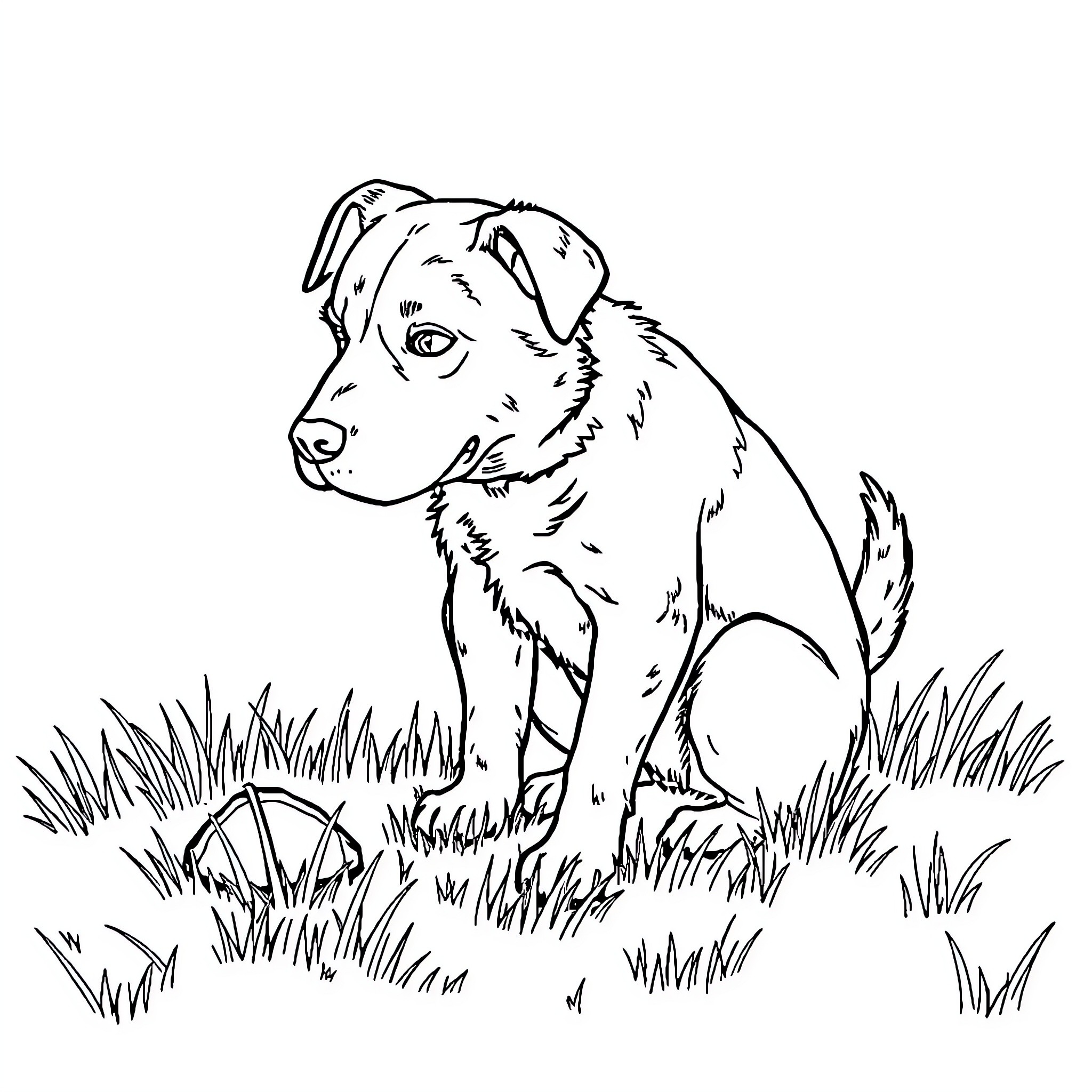 Dog sitting peacefully in the grass Coloring Page (free black-and-white line drawing printable PDF for all, from beginners to advanced learners, including children, teens, adults, and seniors)