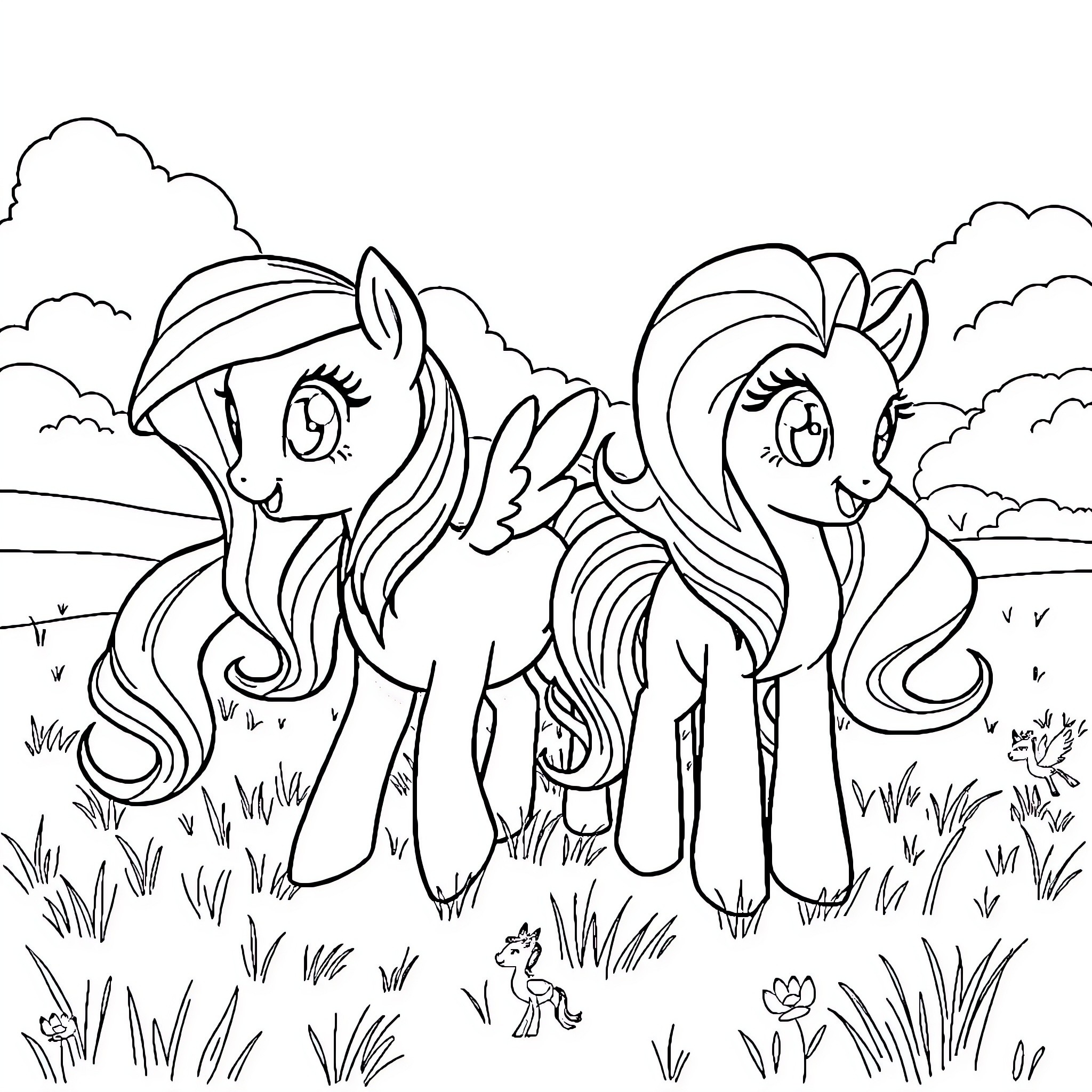Pony companions exploring meadow landscape Coloring Page (free black-and-white line drawing printable PDF for all, from beginners to advanced learners, including children, teens, adults, and seniors)
