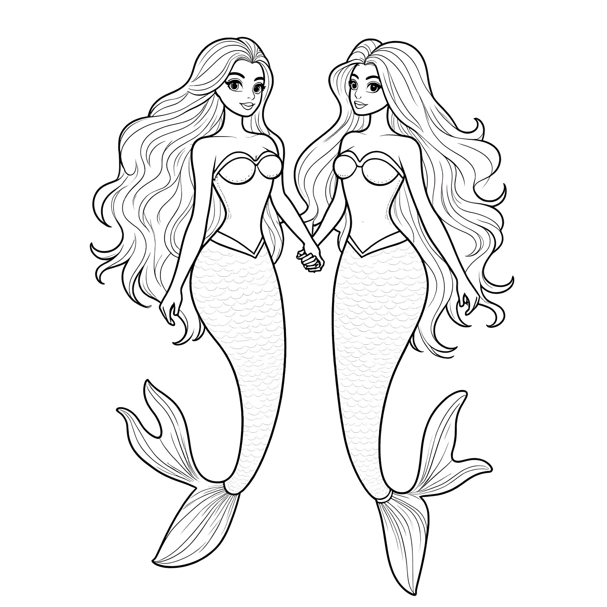 Mermaid Friends Embracing with Long Flowing Hair Coloring Page (free black-and-white line drawing printable PDF for all, from beginners to advanced learners, including children, teens, adults, and seniors)