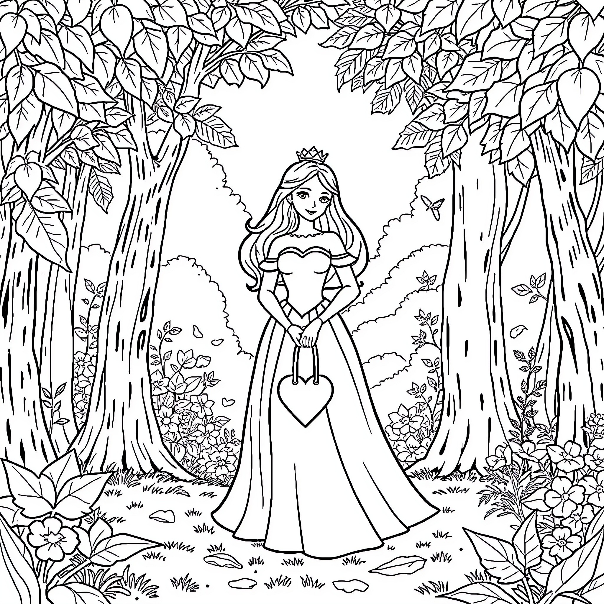 Princess in Enchanted Forest Coloring Page (free black-and-white line drawing printable PDF for all, from beginners to advanced learners, including children, teens, adults, and seniors)